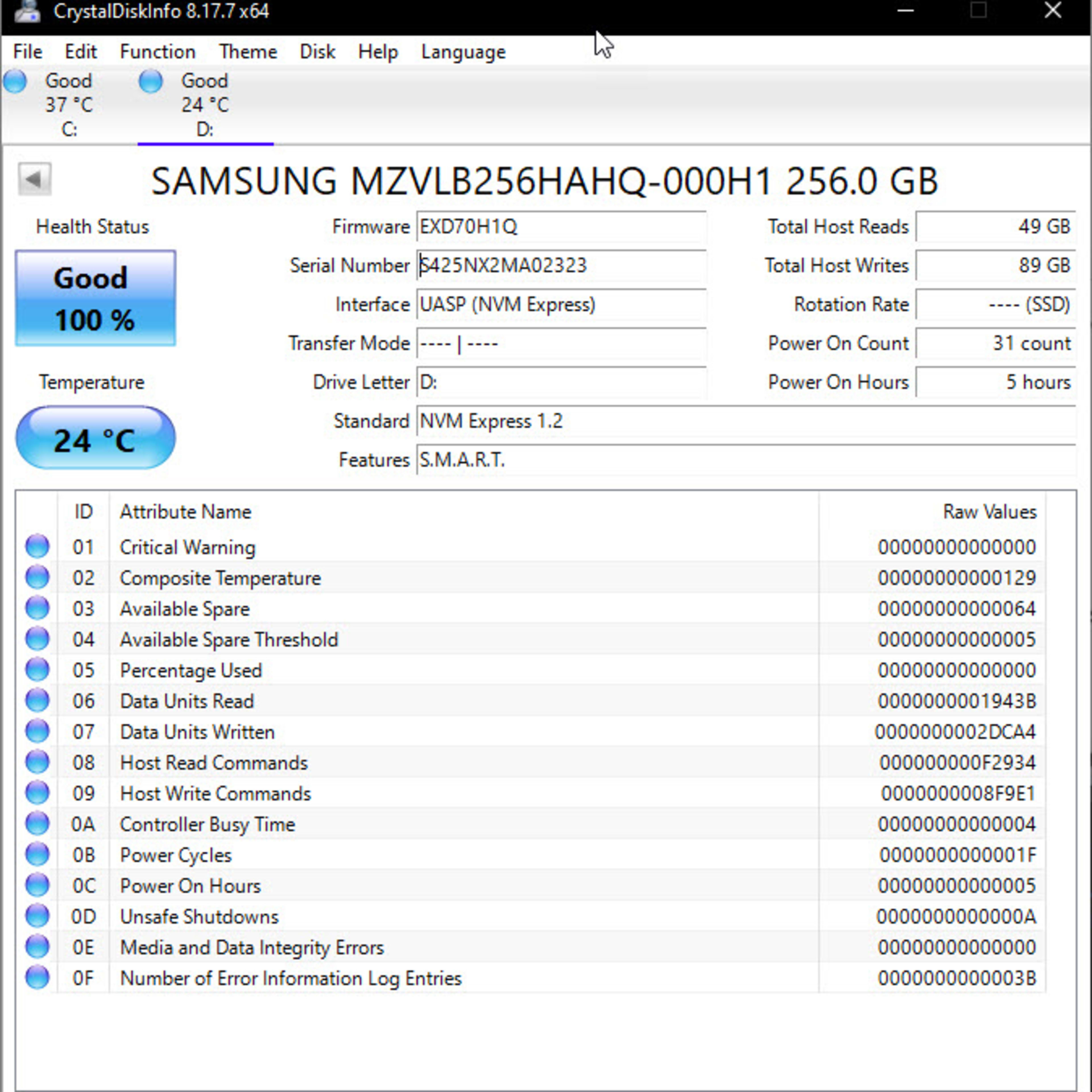Used, Samsung PM981 256GB NVMe M.2 SSD
