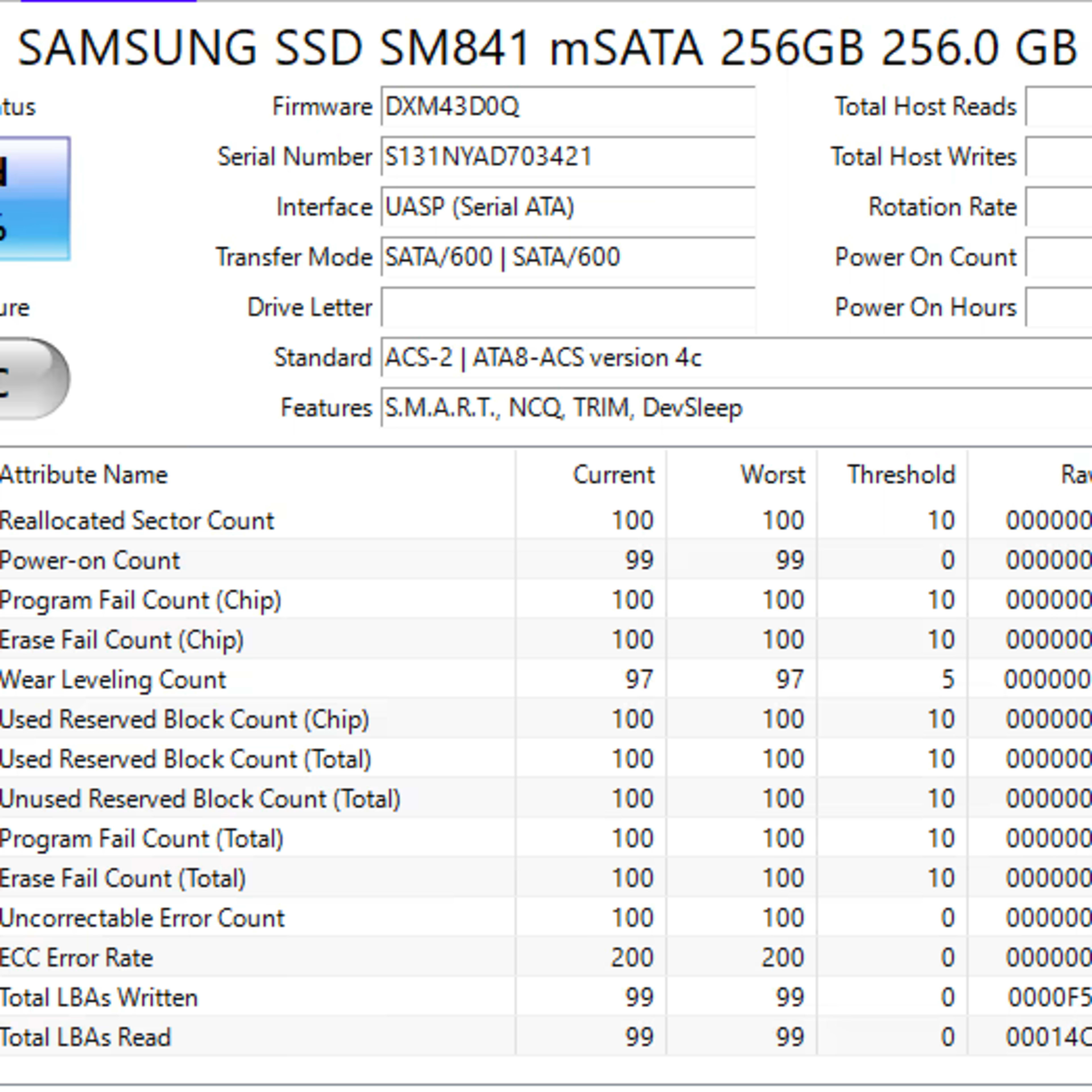 256GB mSATA Samsung SM841 mSATA SSD Solid State Drive - 97% health