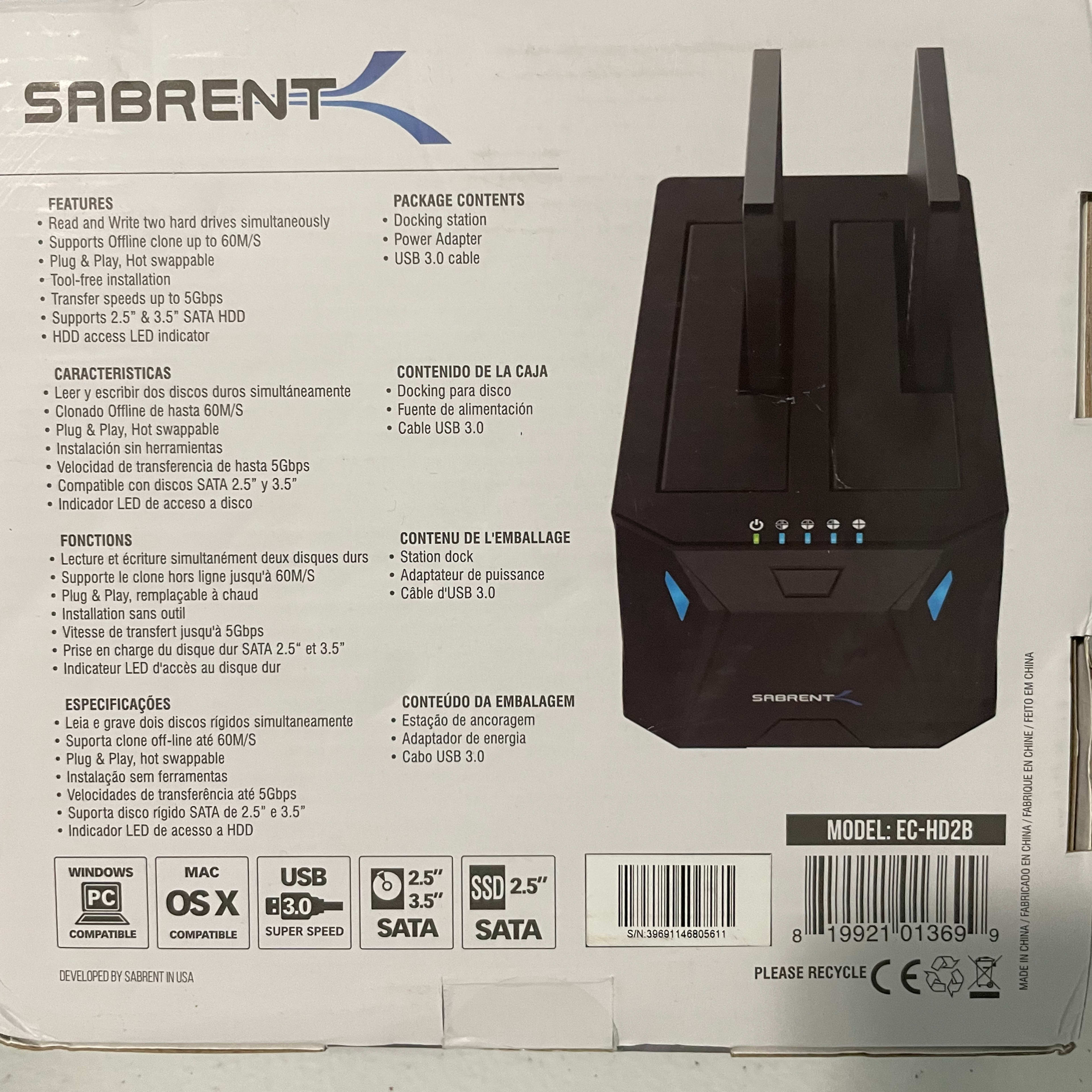 SABRENT EC-HD2B Dual Bay External Docking Station for 2.5 or 3.5in HDD, SSD