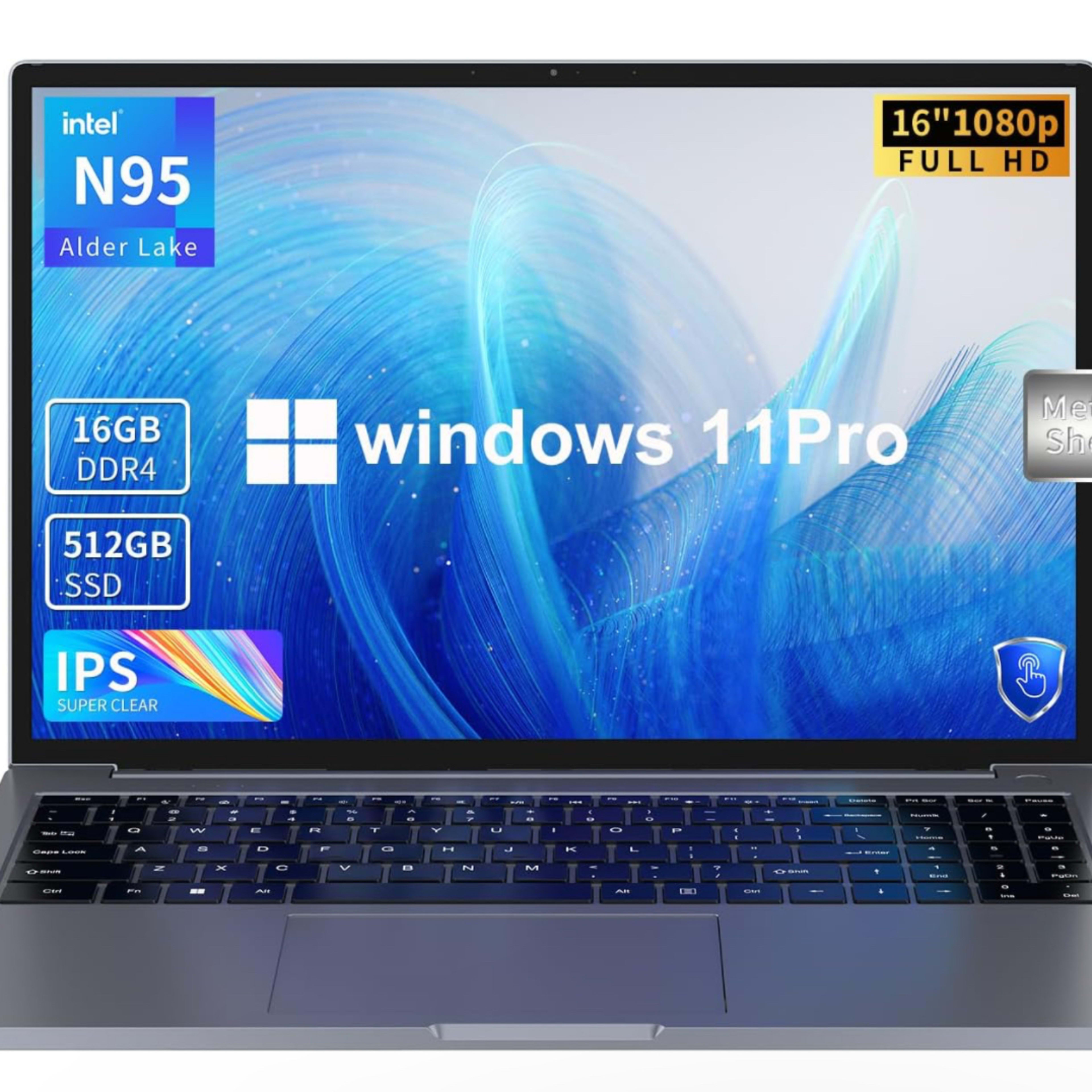 16 inch Laptop, 16GB DDR4 512GB SSD, Intel Quad-Core N95 Processor (up to 3.4Ghz) Windows 11 Pro