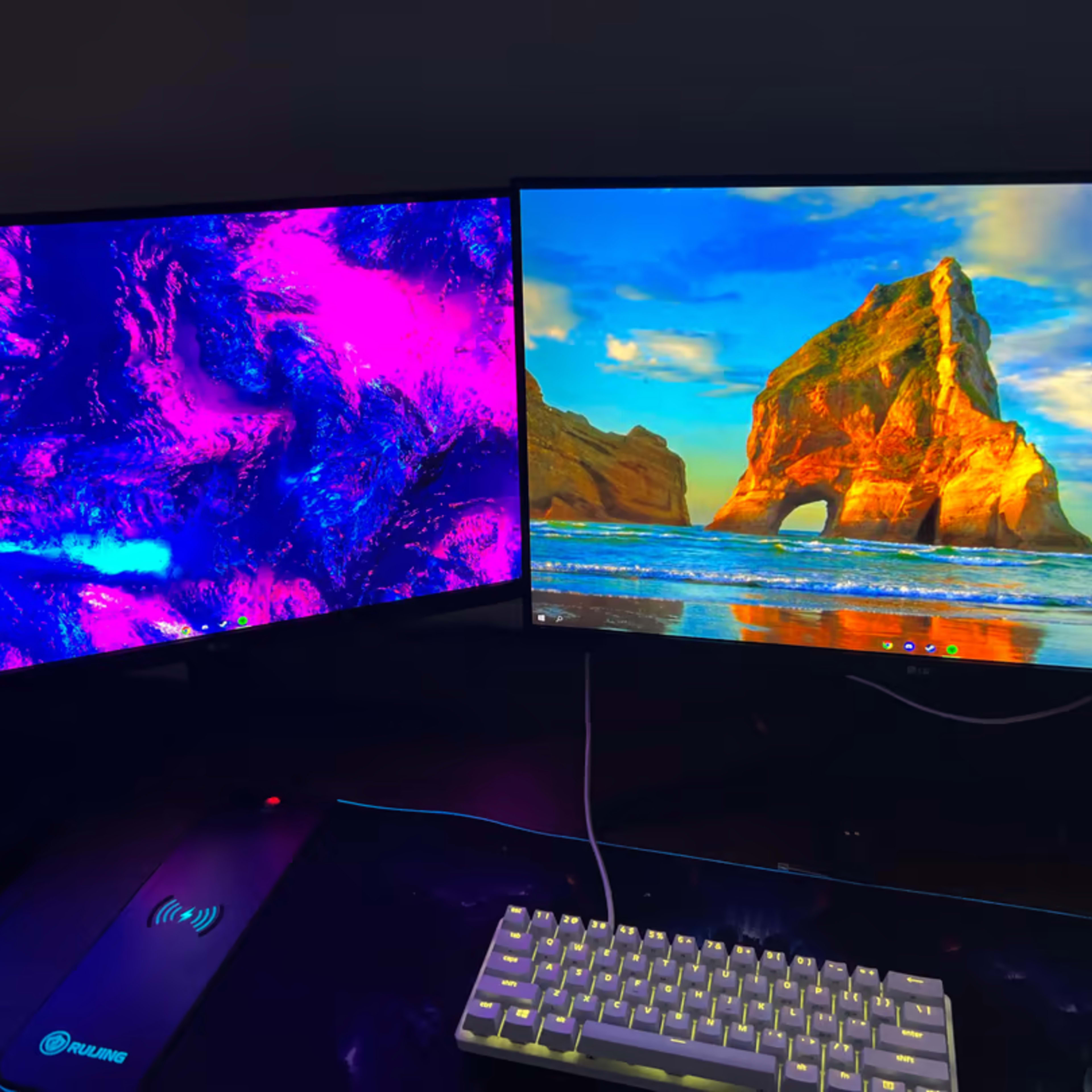 Full Custom Gaming Setup, PC, 2 Monitors, Keyboard, Wireless Mouse with Charging Dock and Mousepad