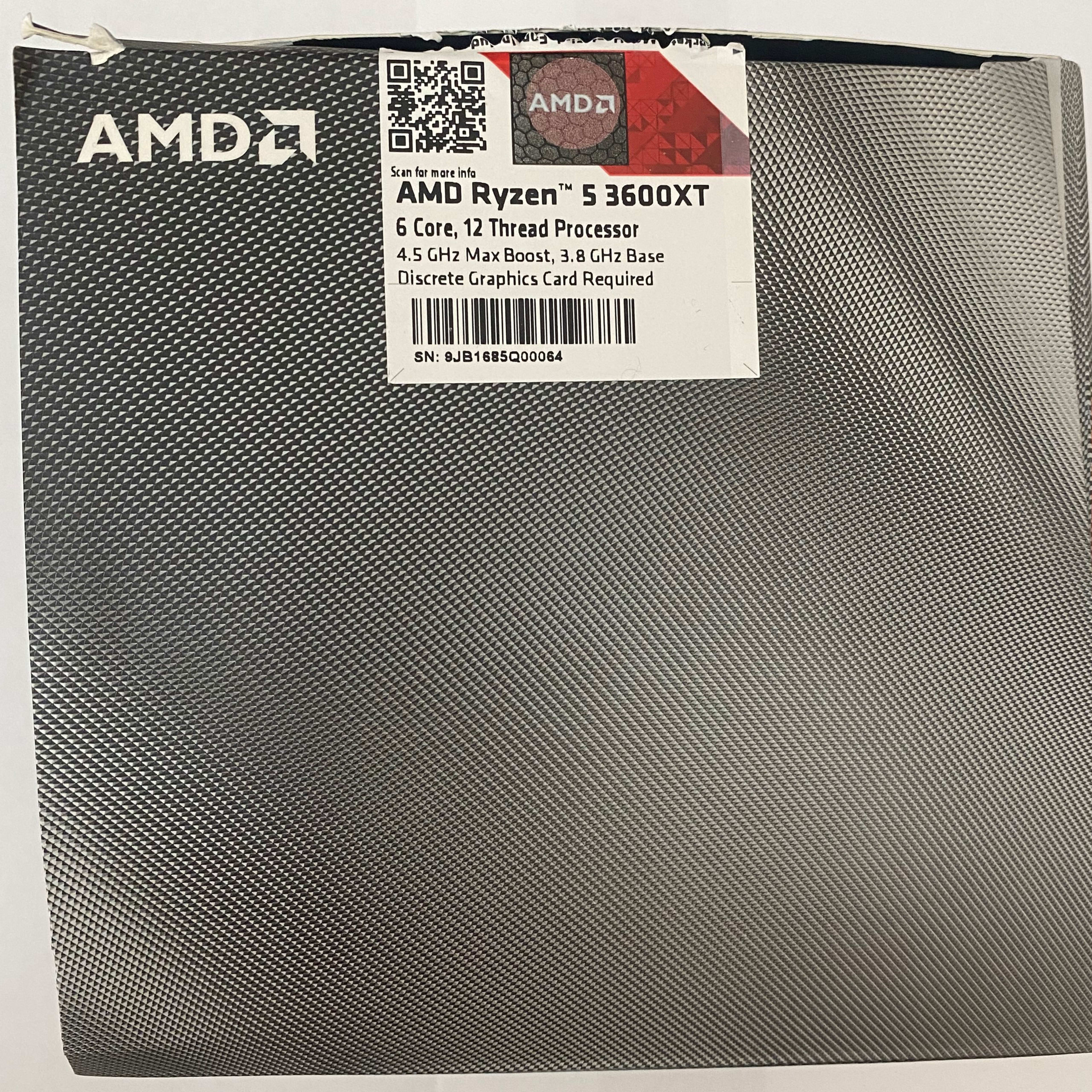 AMD Ryzen 5 3600XT 3.8 GHz 6-Core Processor and AMD Cooler in box.