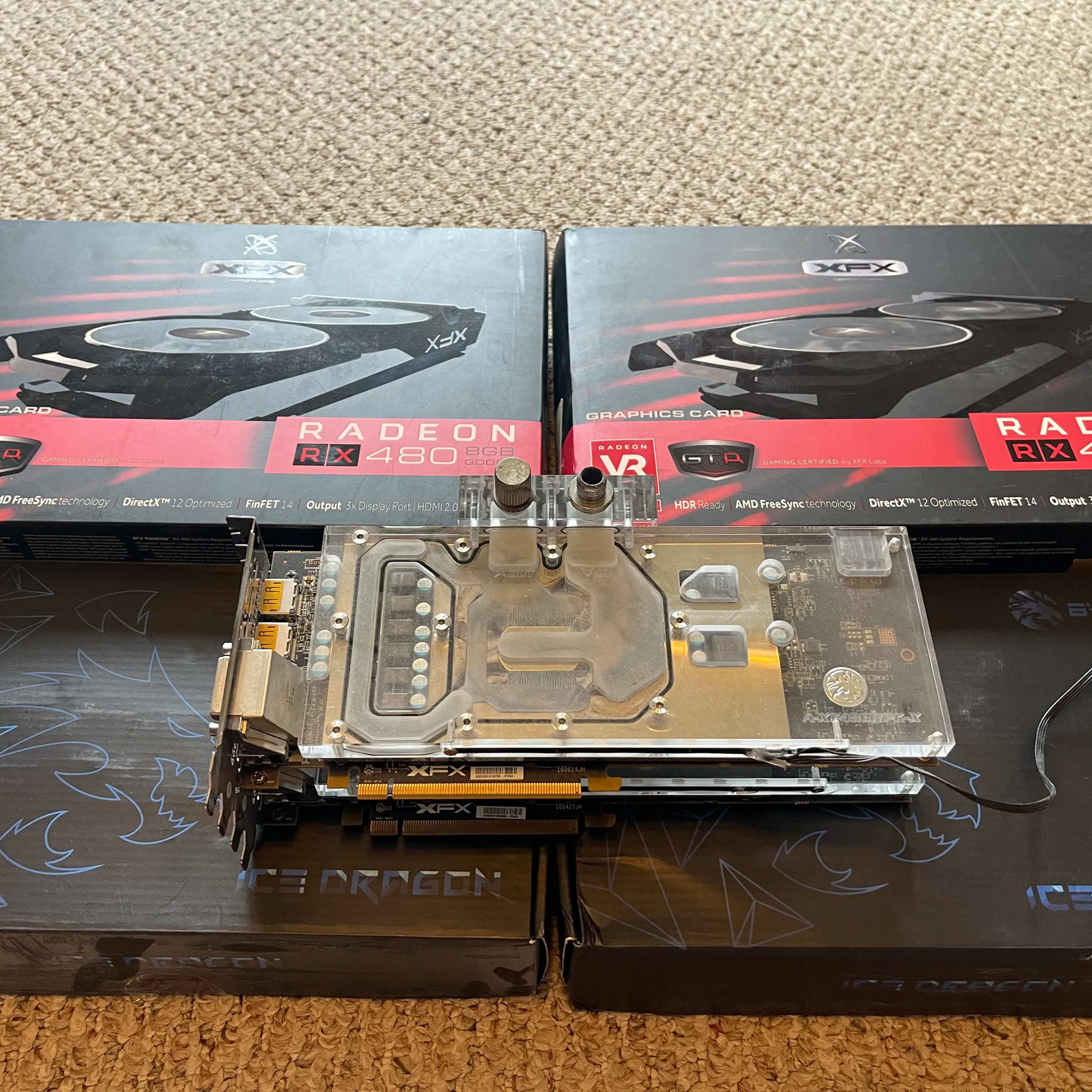 1x XFX RX 480 GTR with Bykski Water block (includes original boxes and air cooler)