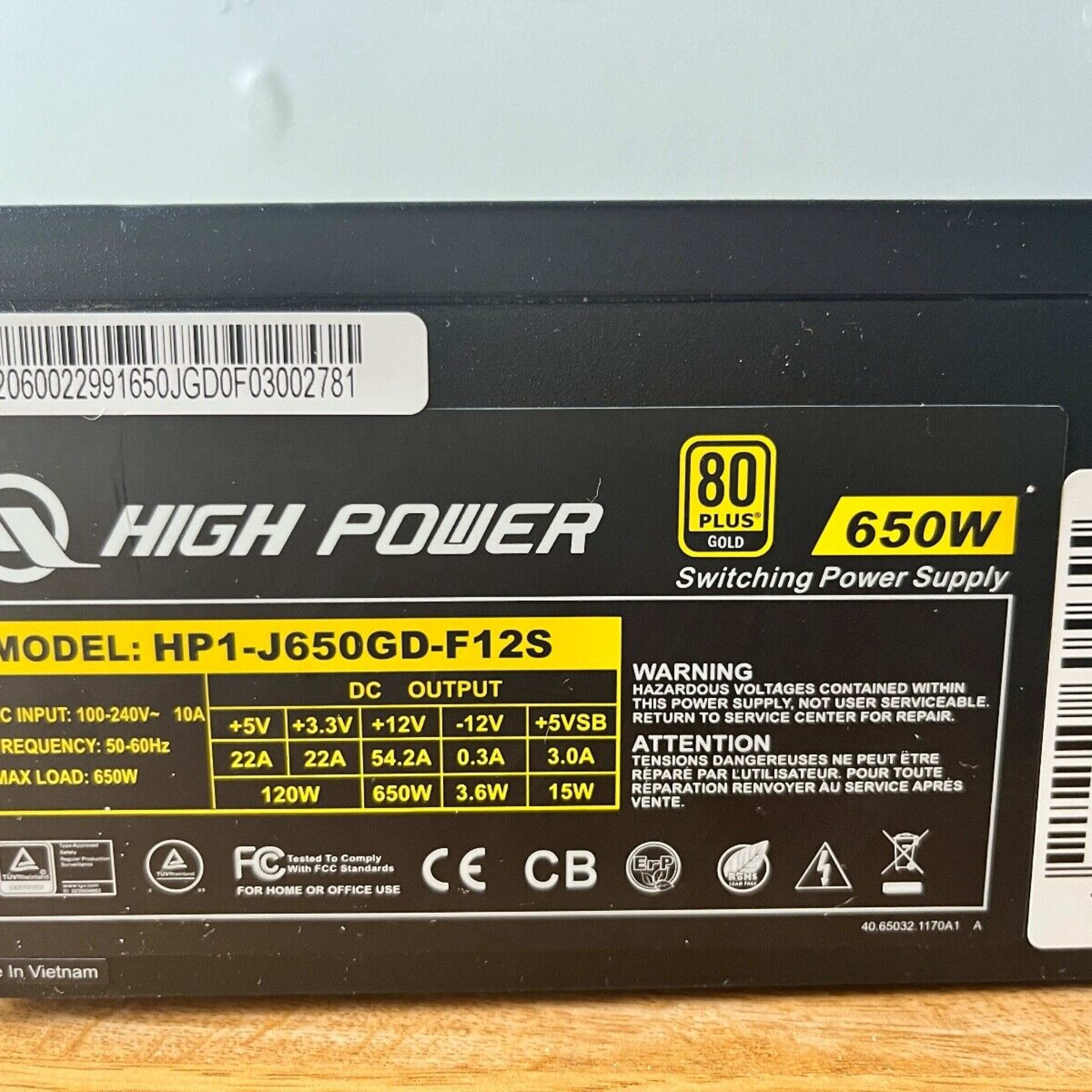 HIGH POWER HP1-J650GD-F12S 650W ATX PSU Power Supply, 80+ Gold