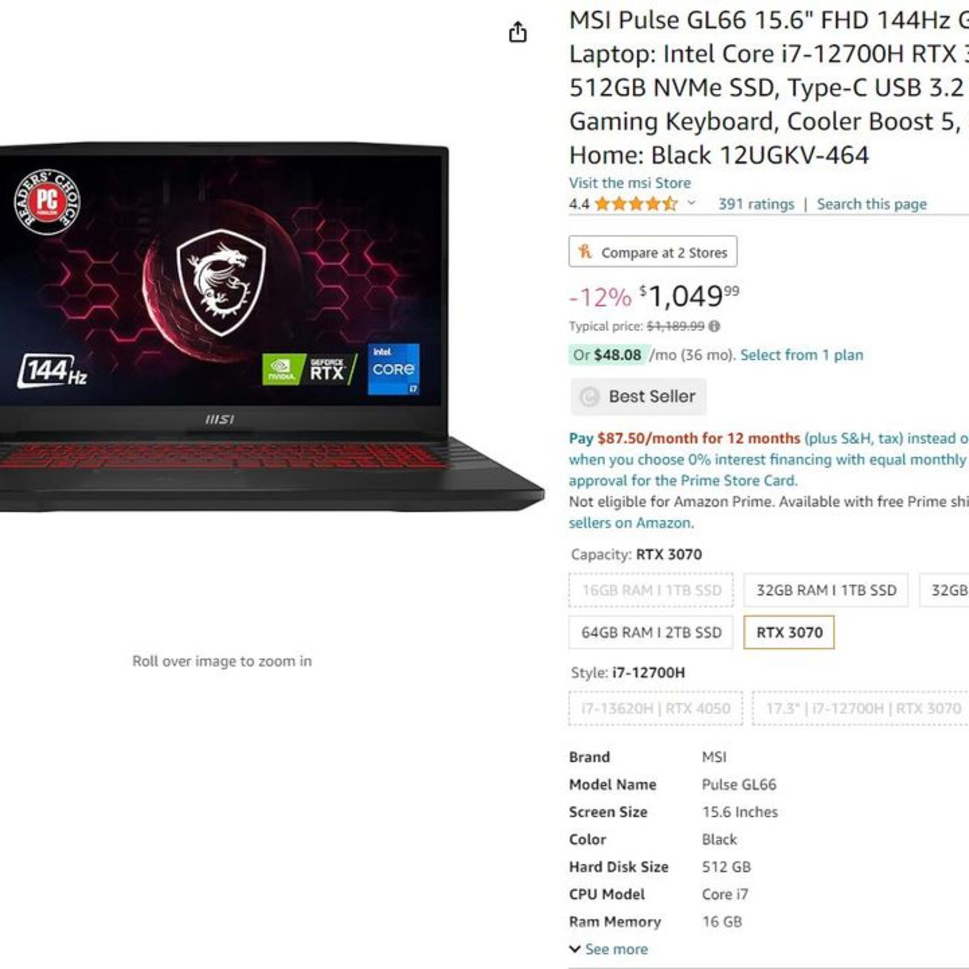 MSI PULSE GL66 15.6" FHD 144HZ GAMING LAPTOP