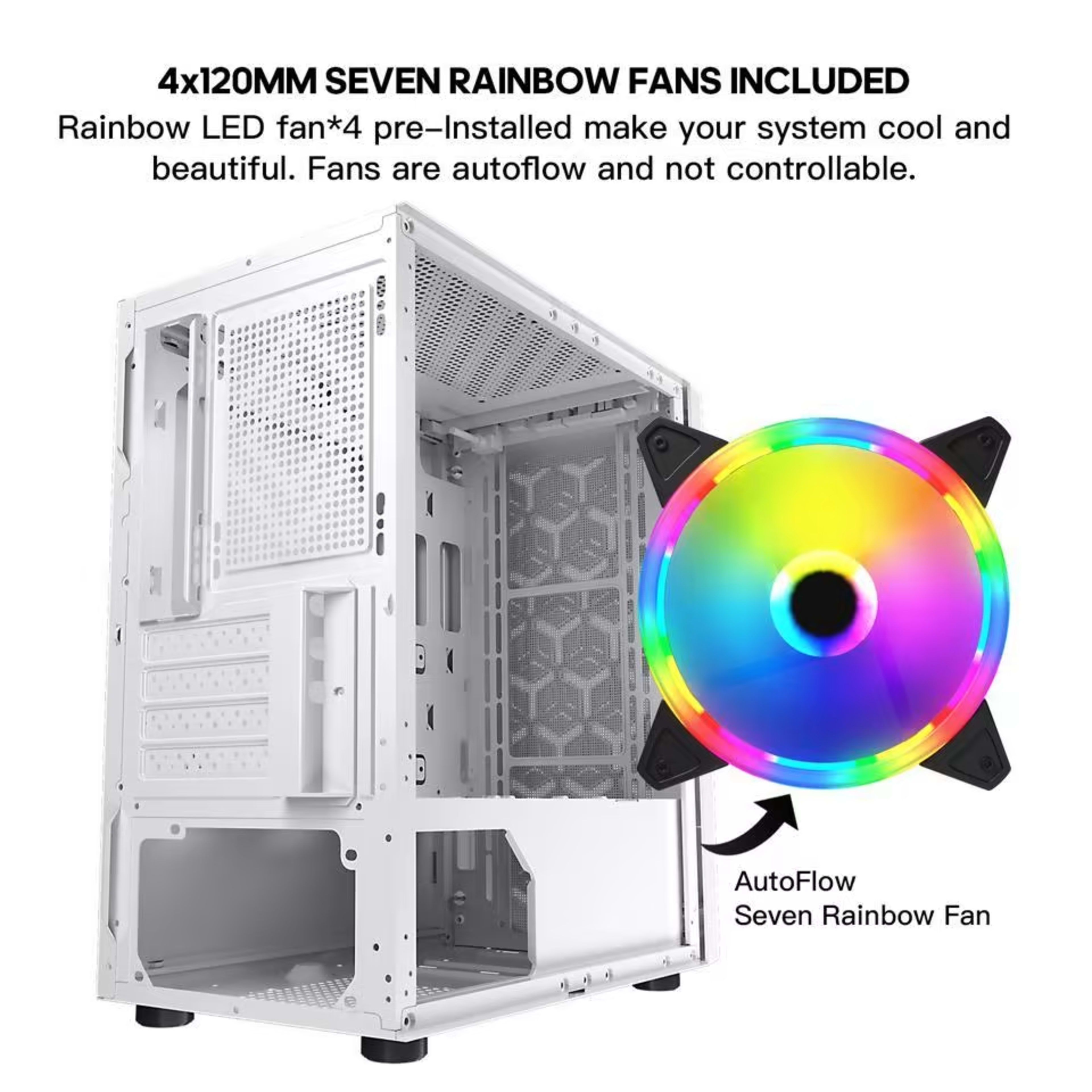 ESGAMING White Micro ATX Mini ITX Tower Micro ATX Case, Tempered Glass Side Panel, Rainbow LED Fans