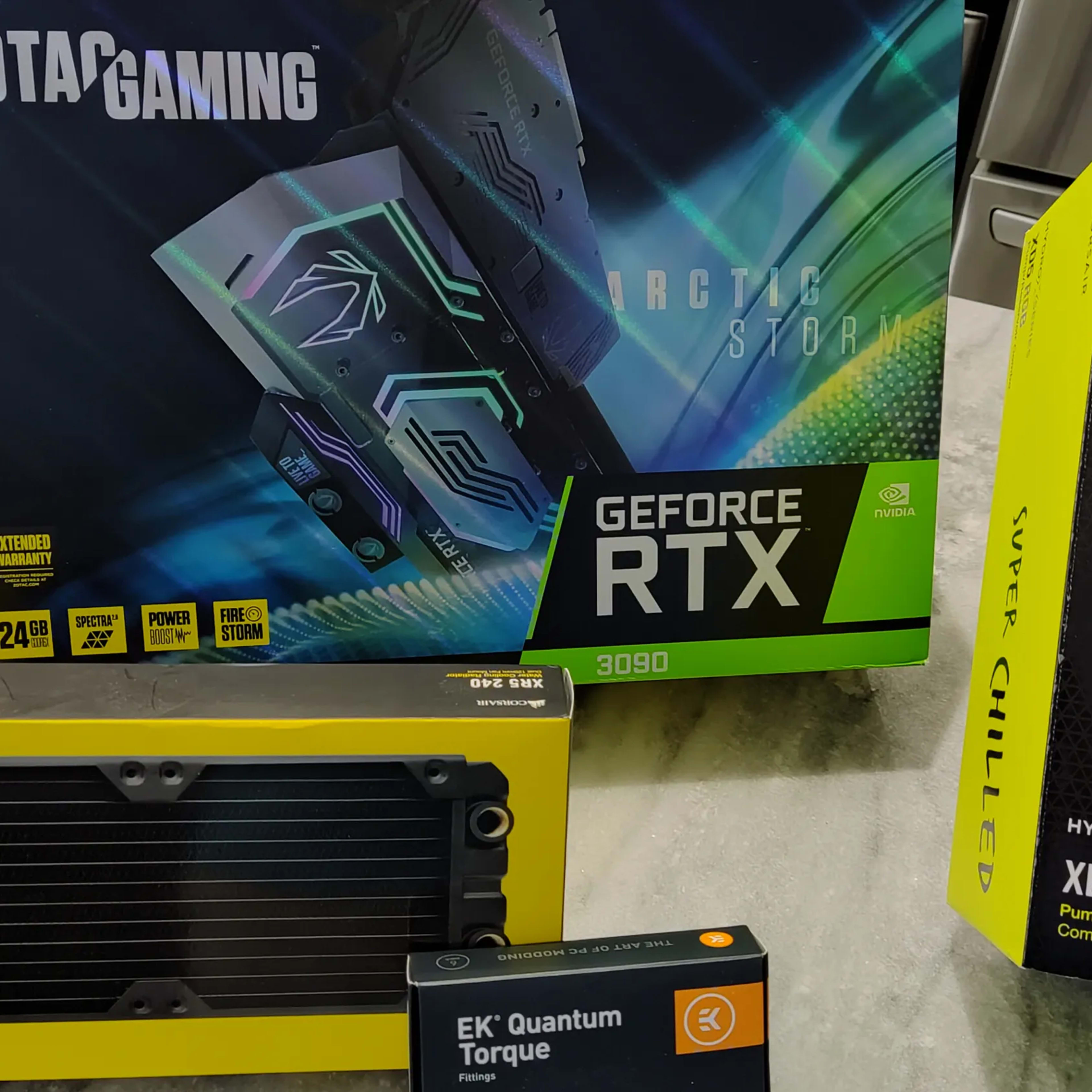 Zotac Articstorm RTX3090, Corsair XR5 240 Radiator, Corsair XD5 RGB Pump, EK Quantum 6 pack fittings