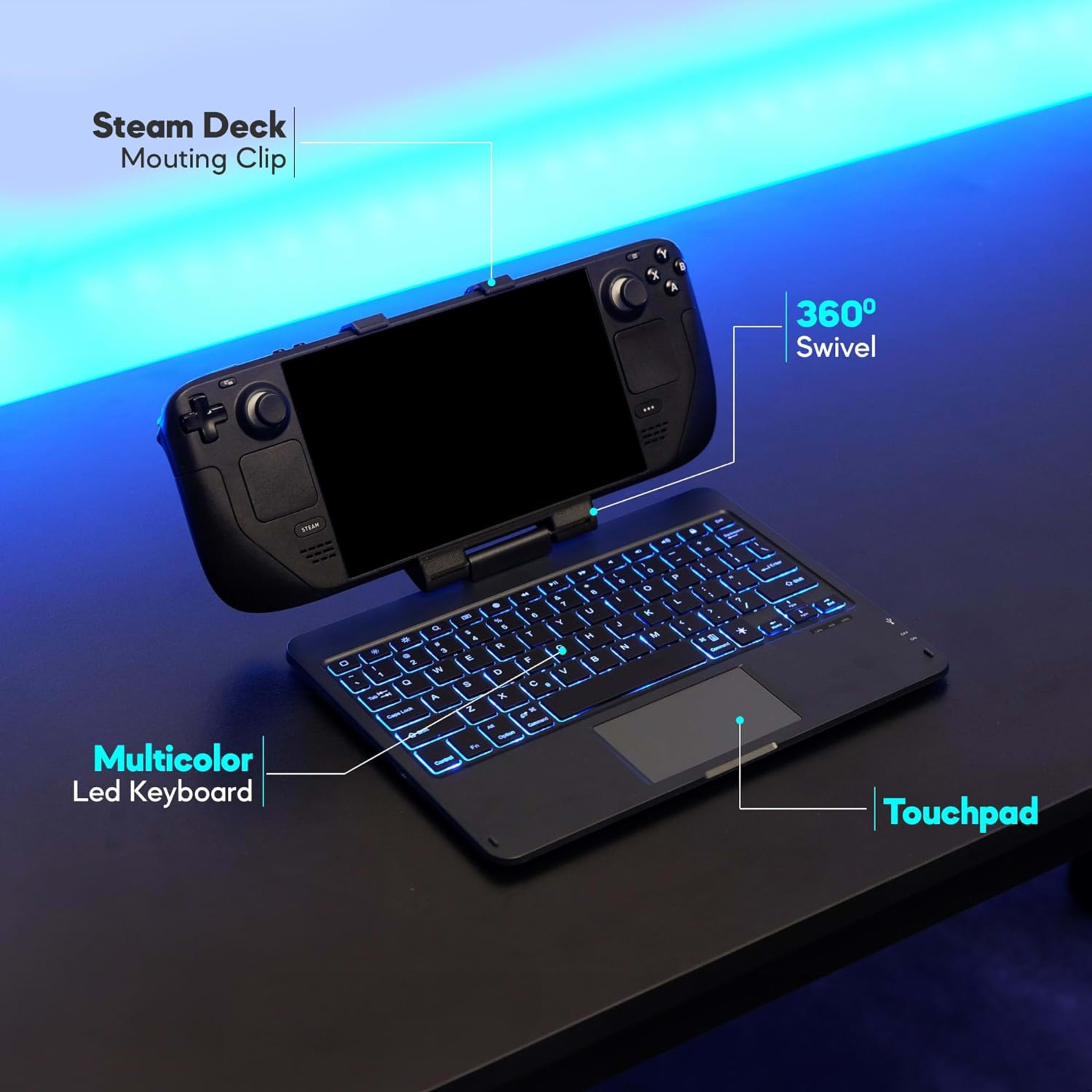 Invensic DeckTop - Steam Deck Keyboard and Bluetooth Trackpad Mouse with Multicolor LED