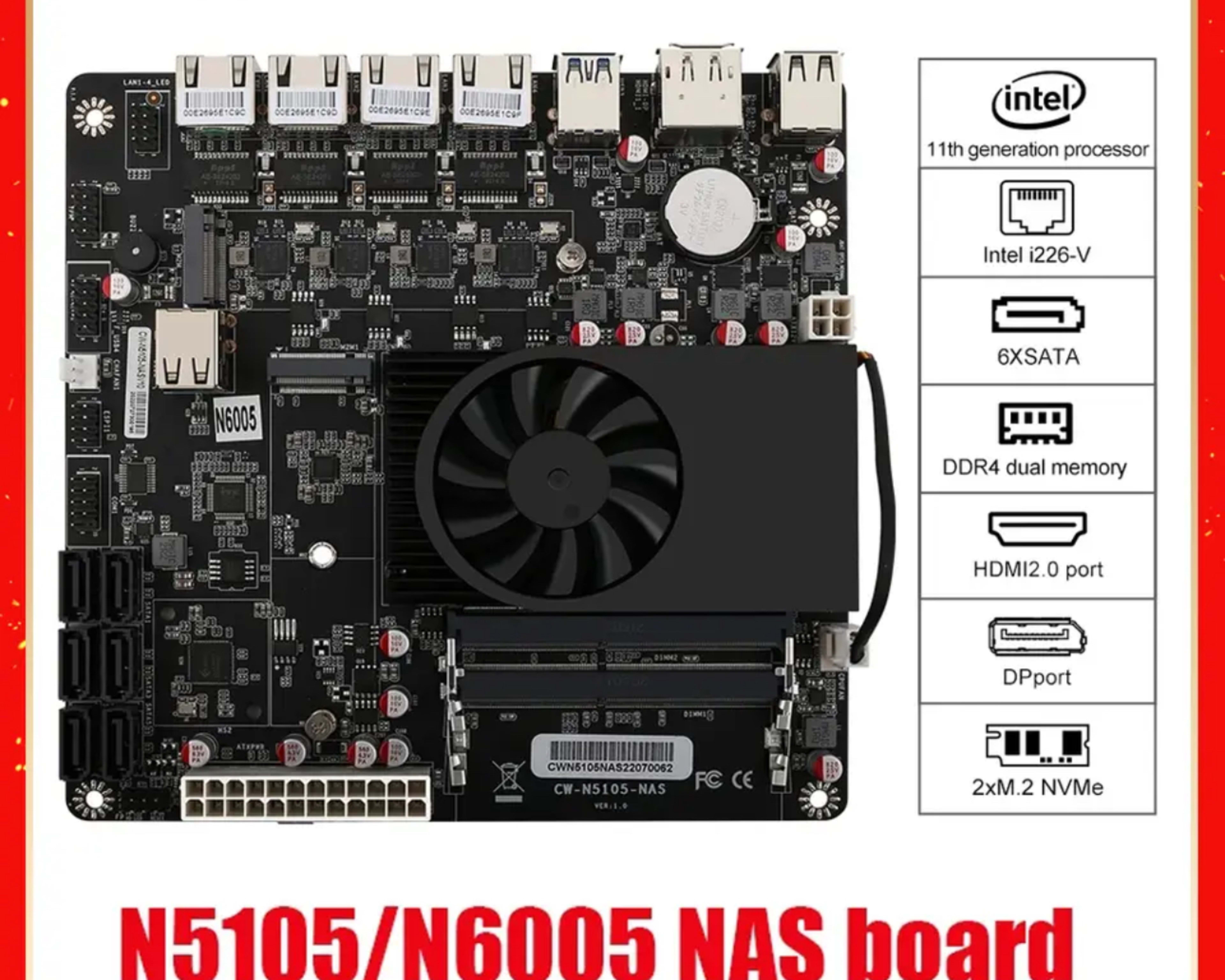 N5105 NAS Motherboard - 4x 2.5GBe, 2x m.2 nvme, 6x SATA, 2x DDR4 SODIMM slots