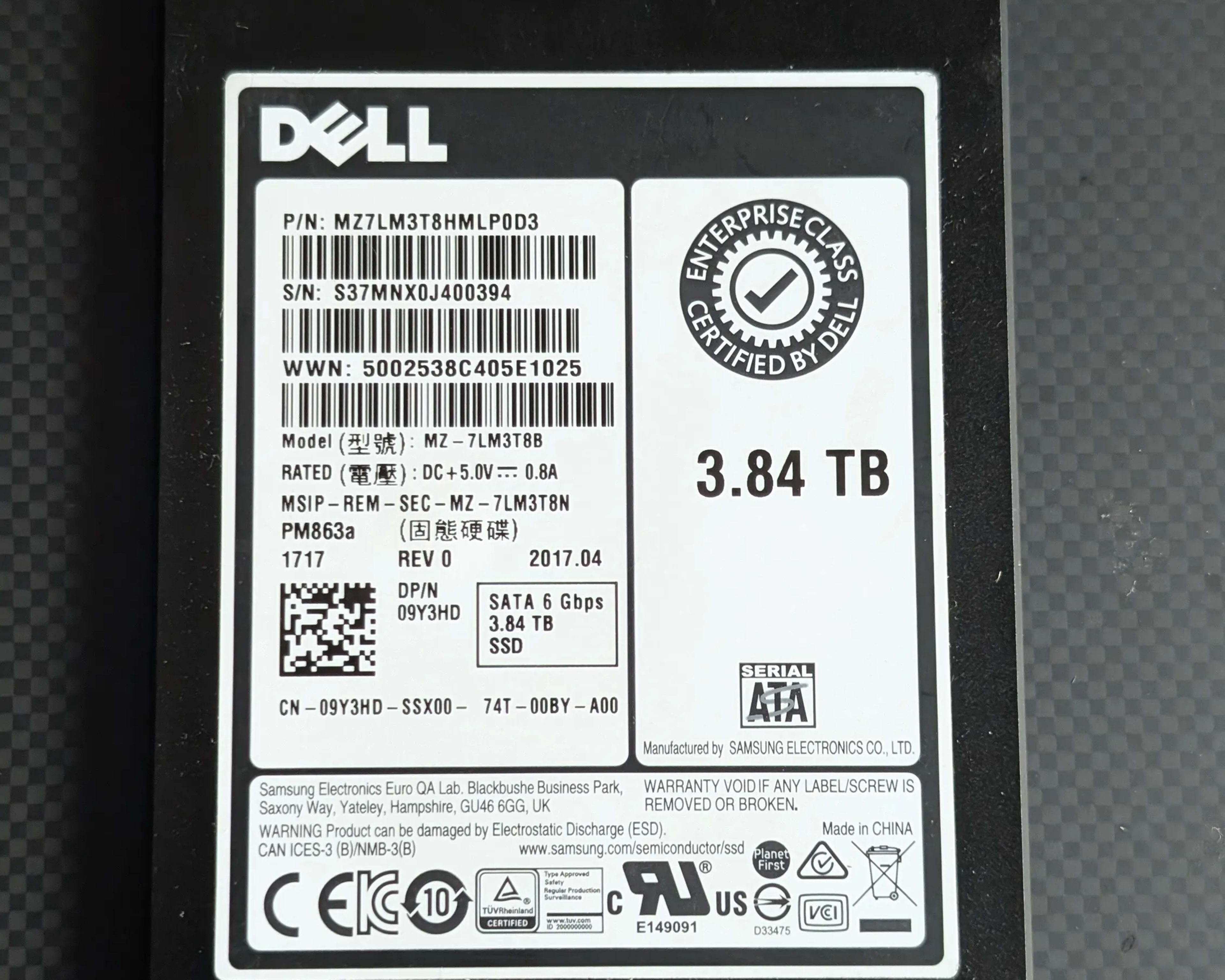 Dell  Enterprise Class MZ-7LM3T8 Samsung PM863a 3.84TB SATAIII Solid State Drive