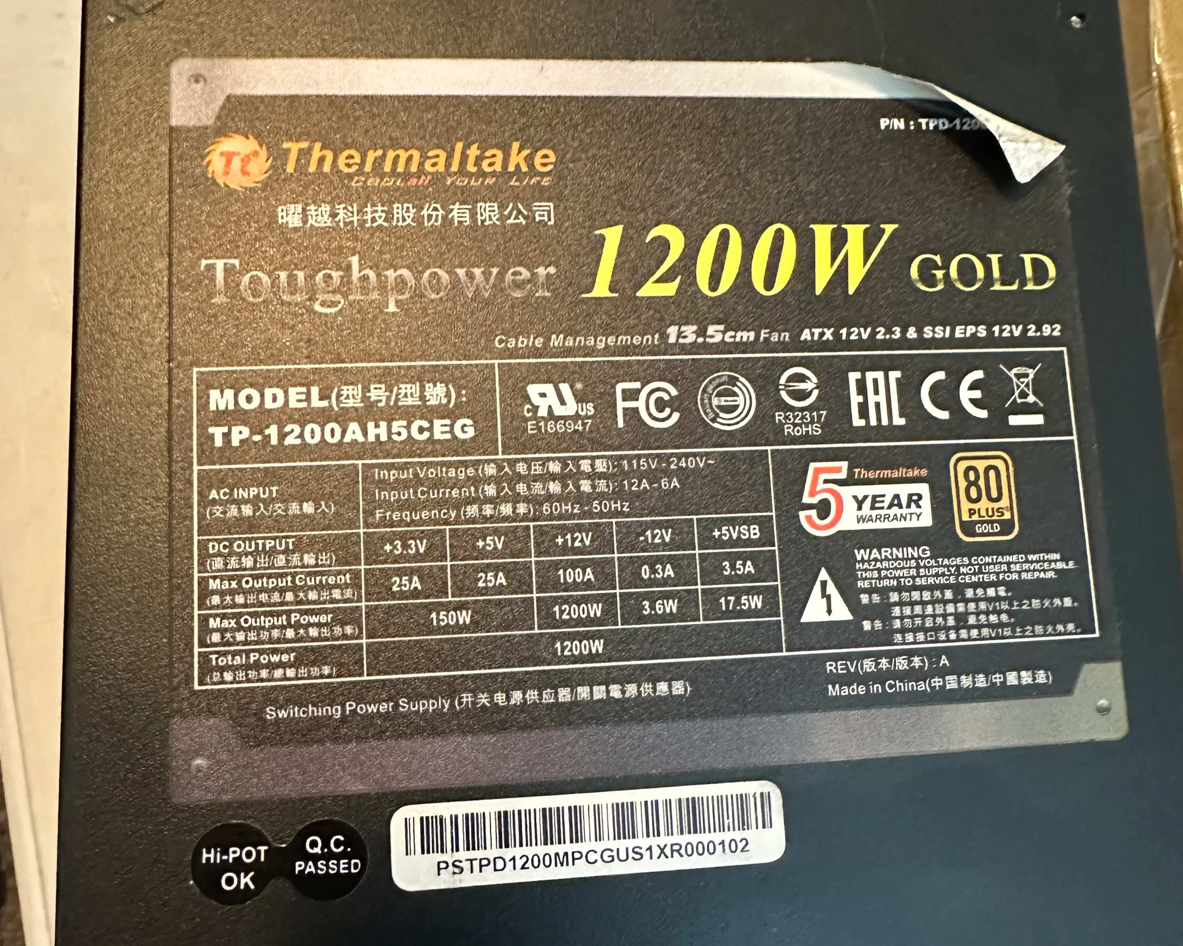 Used Thermaltake Toughpower 1500W 80 Plus Gold Semi Modular PSU ATX 12V or EPS 12V