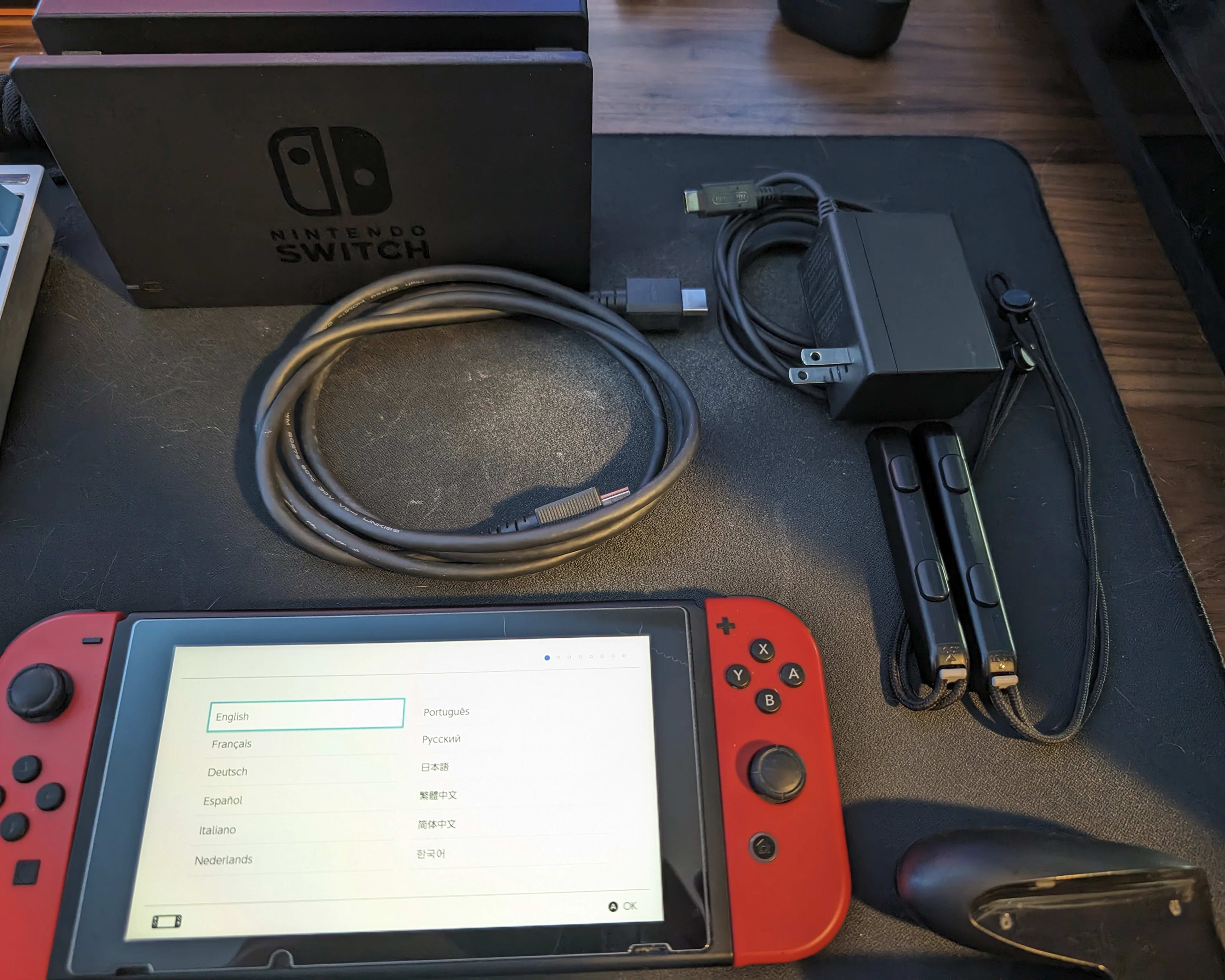 Nintendo Switch 32GB - All Original Accessories + Mario Red Joy Con Pair