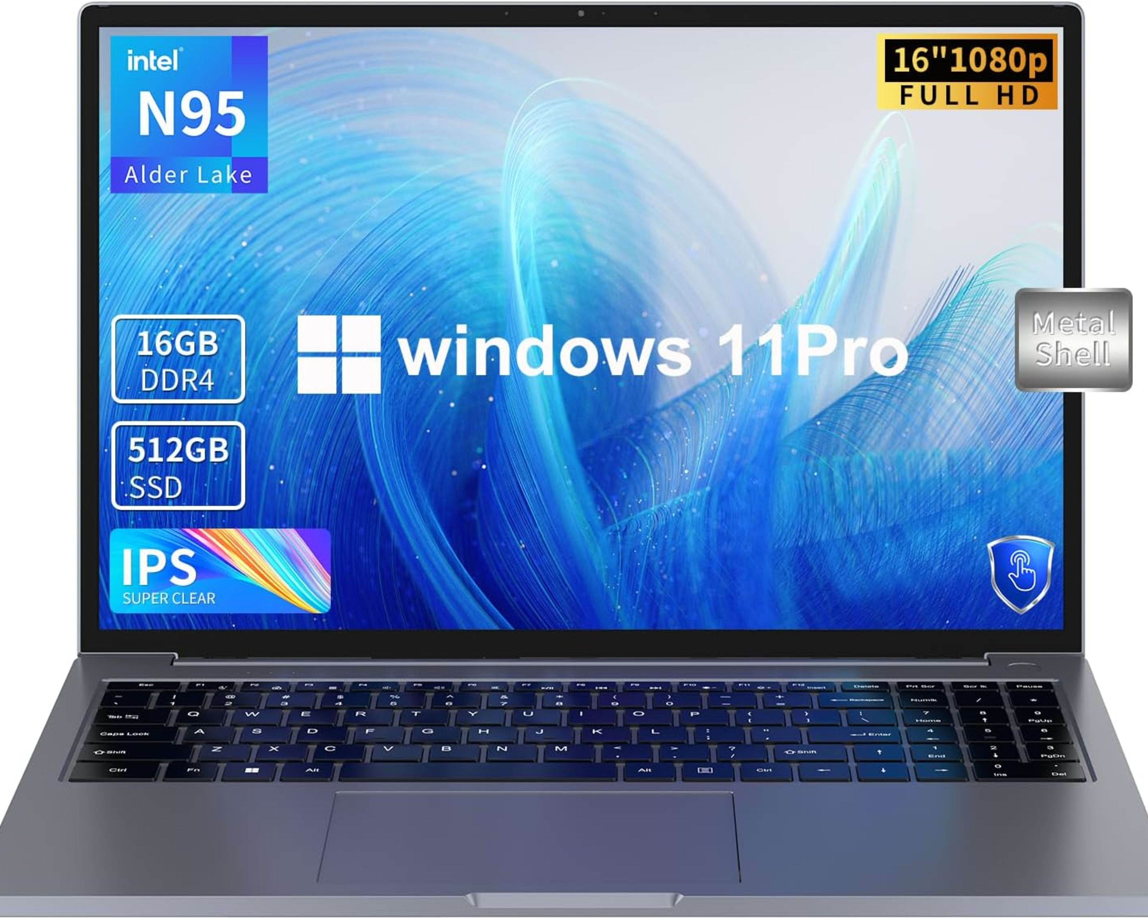 16 inch Laptop, 16GB DDR4 512GB SSD, Intel Quad-Core N95 Processor (up to 3.4Ghz) Windows 11 Pro