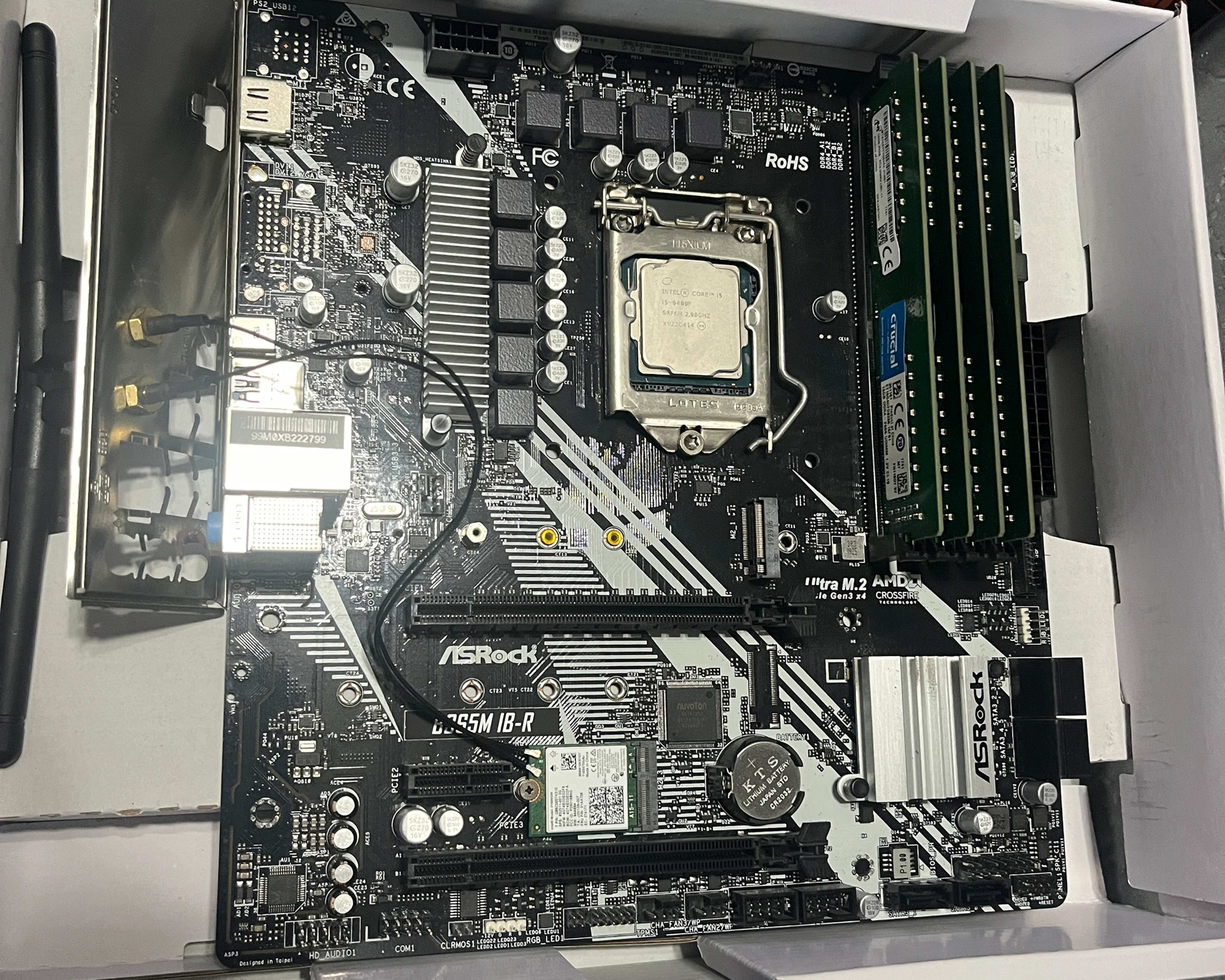 ASRock B365M IB-R Motherboard with Intel i5 9400F 2.9 Ghz CPU and 64 GB of DDR4 2666 Crucial Ram