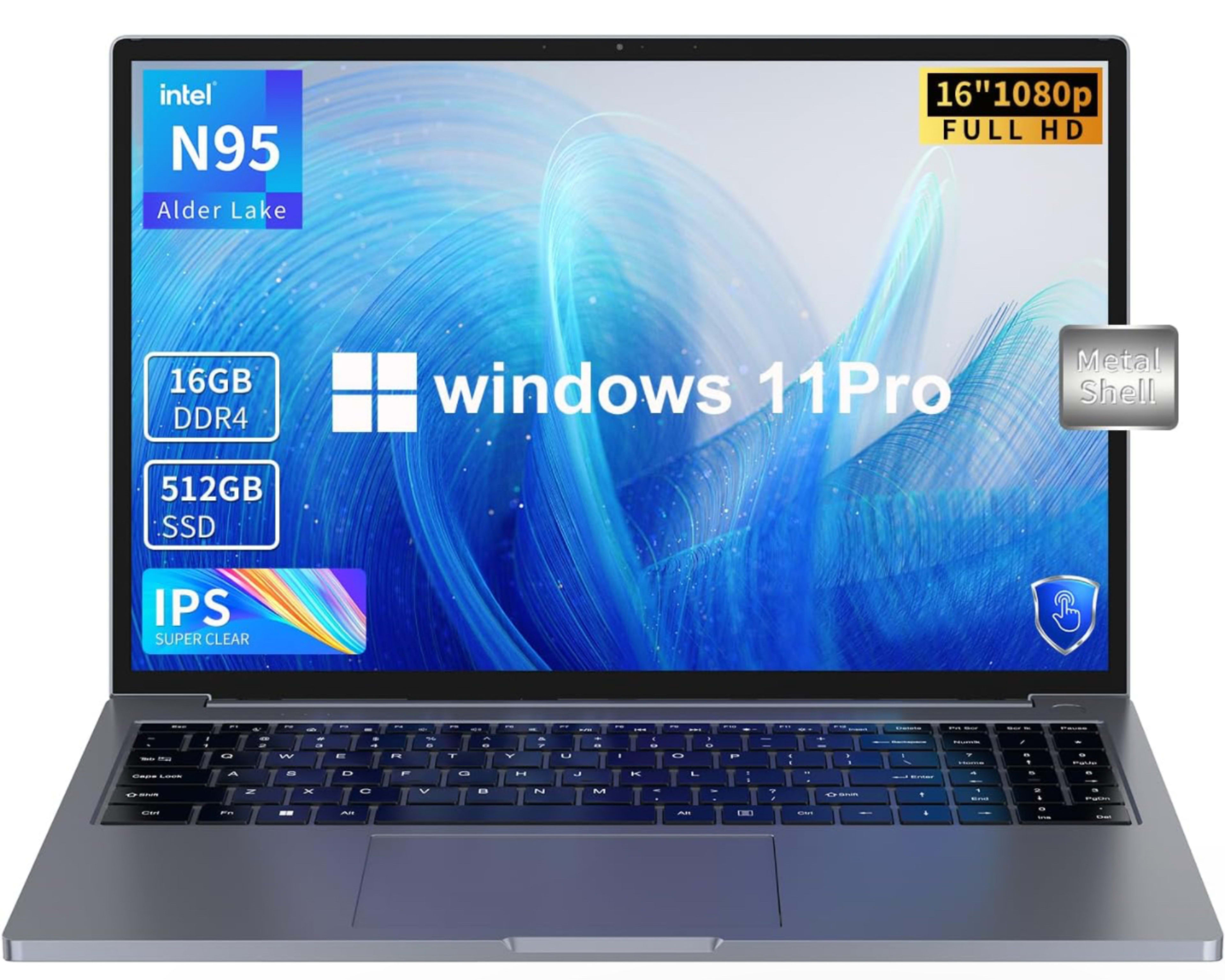 16 inch Laptop, 16GB DDR4 512GB SSD, Intel Quad-Core N95 Processor (up to 3.4Ghz) Windows 11 Pro