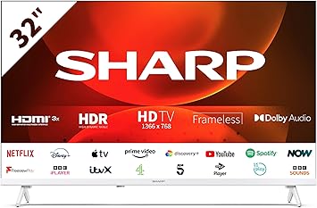 SHARP 32FH2KAW 32-Inch HD Ready Smart Frameless Android TV in White with Active Motion 400, Freeview Play, Pre-Installed Apps, 3x HDMI & 2x USB