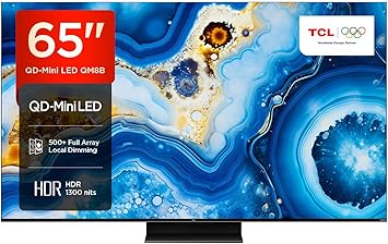 TCL 65QM8B 65-inch QLED Mini LED TV, 4K HDR Premium 1300nits, Smart TV Powered by Google TV (Dolby Vision & Atmos, Onkyo 2.0 sound system, 144Hz Motion Clarity Pro, Hands-Free Voice Control)