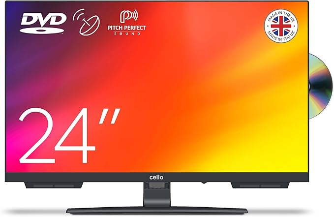 Cello C2424F 24 inch Full HD LED TV Built-in DVD Player Freeview Frameless TV HD Satellite Receiver Pitch Perfect Speakers Record Live TV with USB. DVD Player Perfect for Your Kitchen. UK Made