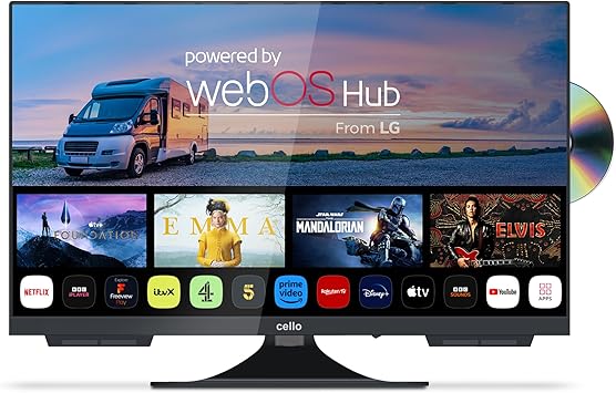 Cello C2224WSF 12 Volt 22 inch Traveller Smart Frameless TV/DVD Pitch Perfect Speakers Ultrafast WebOS, Freeview Play, Bluetooth, Netflix, Small TV for Motorhomes & Boats UK Made