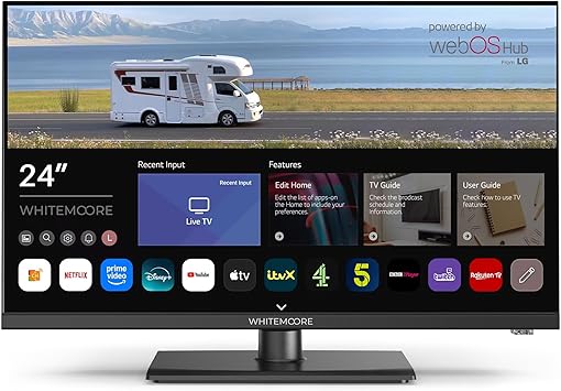 WHITEMOORE 24” Smart TV 12V/24V, Full HD, Frameless, WebOS, Bluetooth, Dolby Audio, Freeview, Netflix, Prime, WiFi, Airplay, HDMI/USB, for Caravan/Truck/Boat, 3-Year Warranty – WM24FT1-12V
