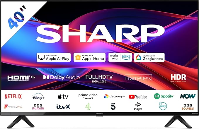 SHARP 40GD2225K 40 inch Full HD Roku Smart TV – Frameless LED with HDR10, Active Motion 200, Freeview Play, 3x HDMI, USB Media Playback, Dolby Audio, Wi-Fi & Ethernet – Black