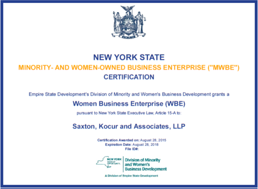 Saxton, Kocur is a proud New York State Women Business Enterprise (