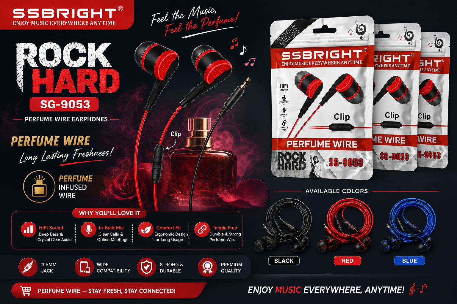 SSBRIGHT Rock Hard SG-9053 Perfume Wire Earphones