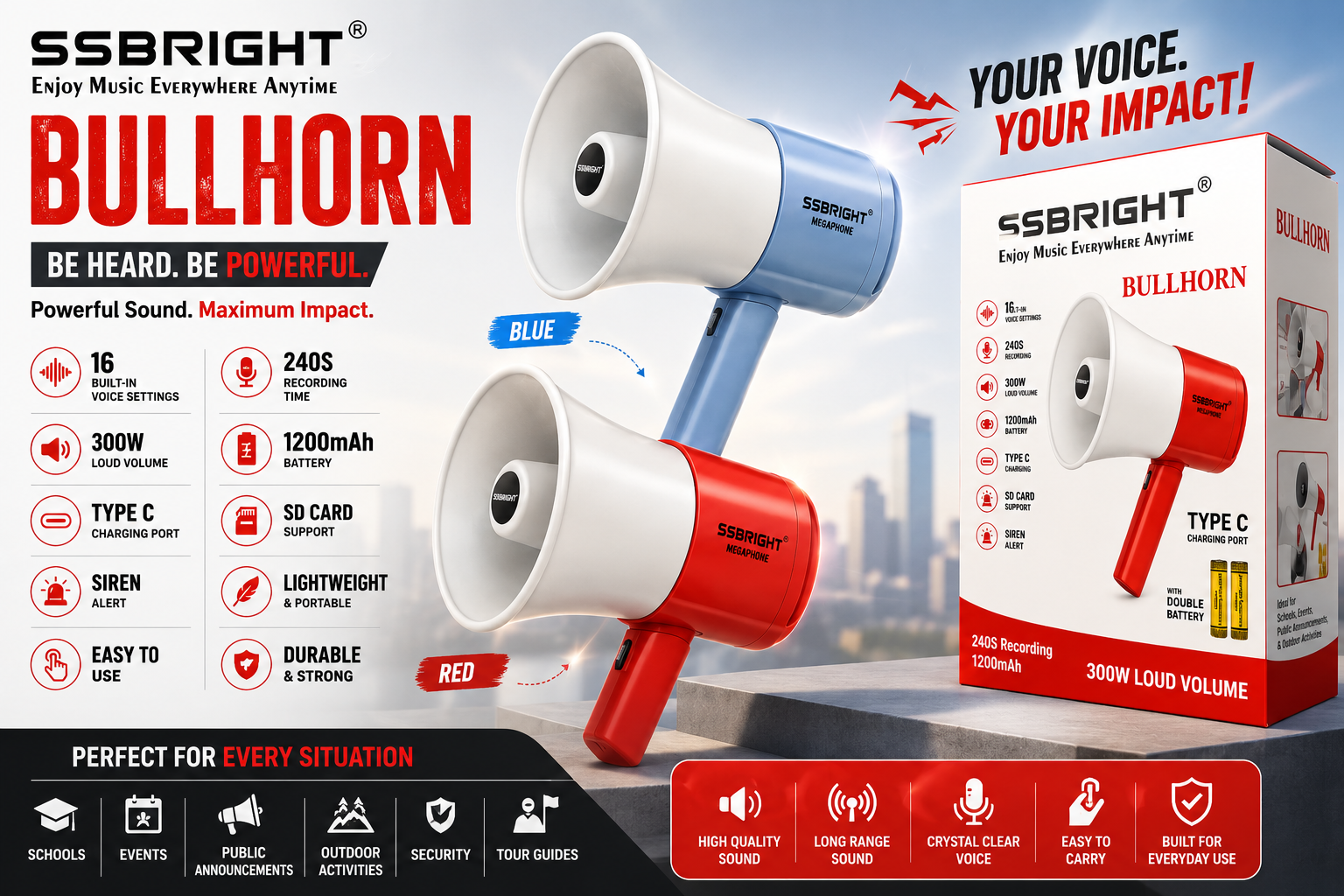 SSBRIGHT Bullhorn Megaphone – 300W Loud Volume