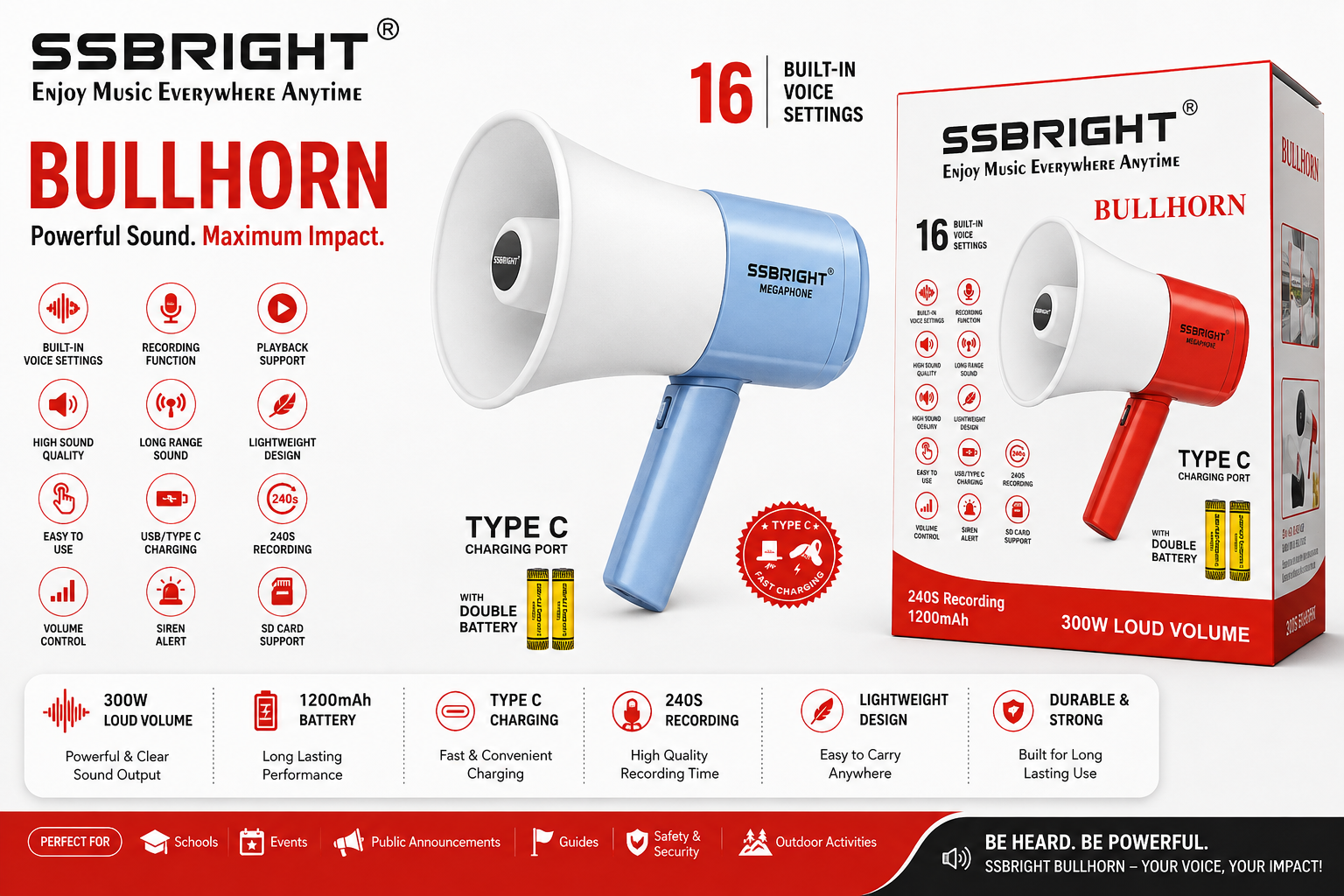 SSBRIGHT Bullhorn Megaphone – 300W Loud Volume 2