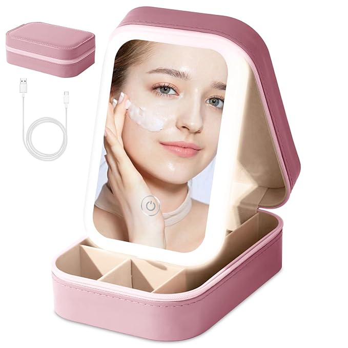 LED Makeup Organizer Bag for Women, Girls & Bride - Travel Cosmetic Brushes Storage Kit with Removable 3 LED Lighting Mirror and Compartments - Toiletry Vanity Box (Pink)