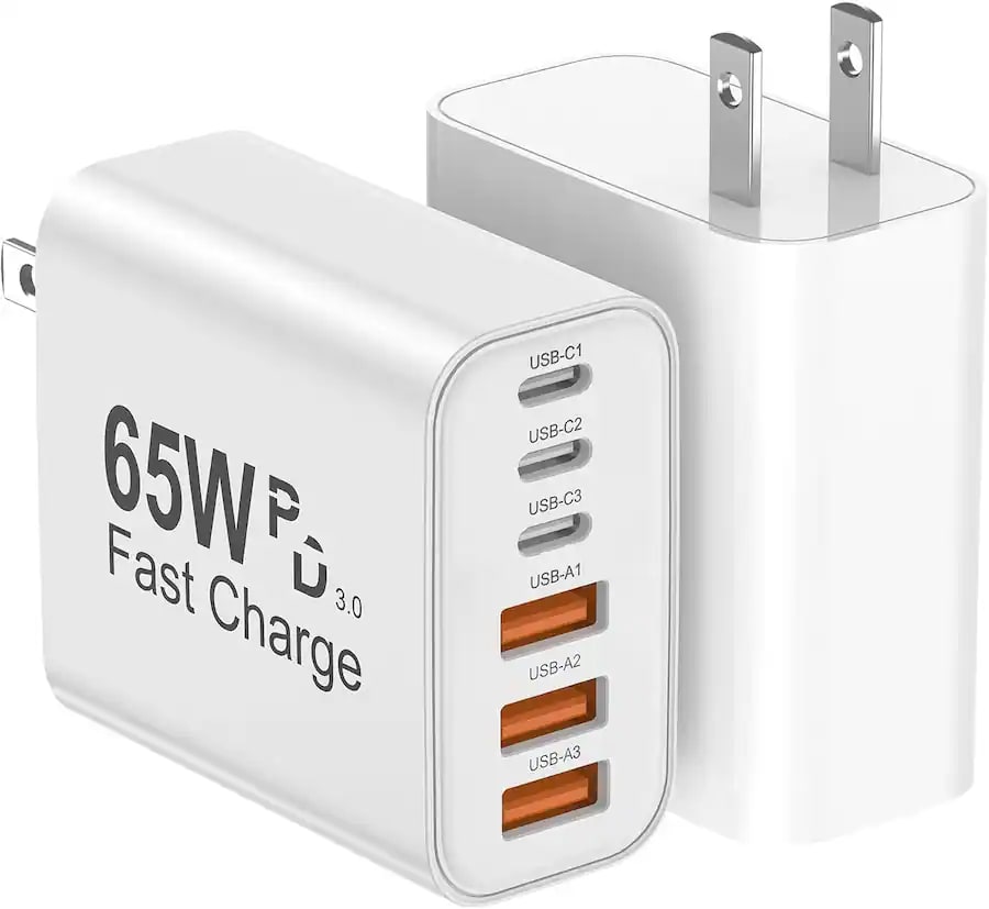 USB-C Wall Charger, 2-Pack 65W 6-Port Fast Charging Power Adapter with PD & QC for iPhone 17/16/15/14/13/12/11 Pro Max,