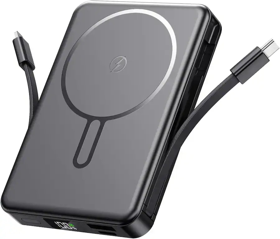 Core Tech - Magnetic Portable Charger 10000mAh, 22.5W Fast Charging Power Bank with Built-In Cable – MagSafe-Compatible for iPhone 1