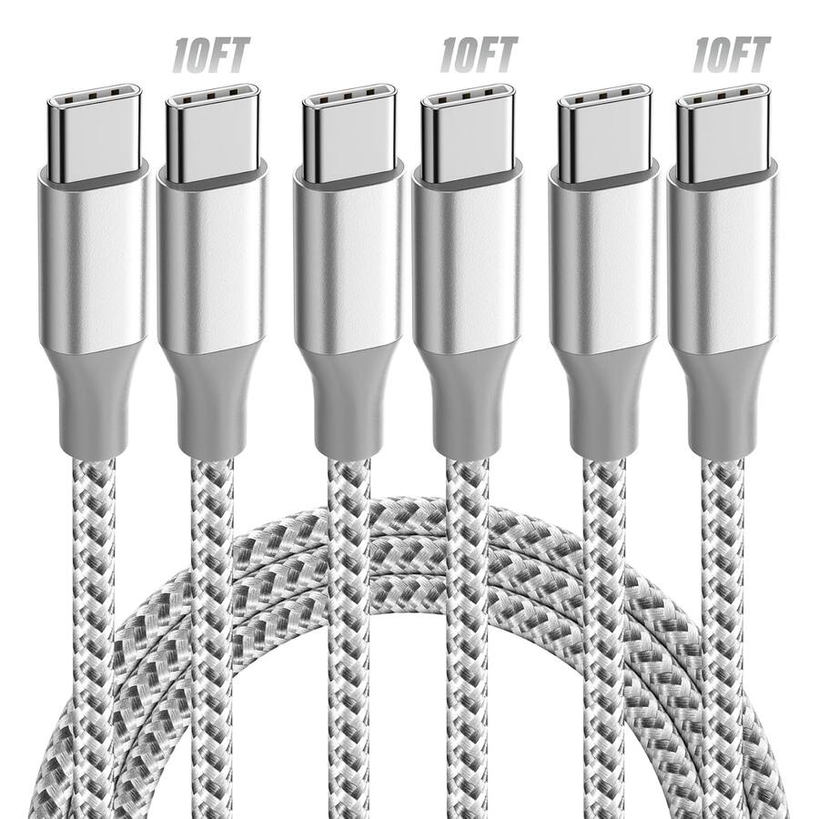 USB-C to USB-C Cable, 3-Pack 10 ft, 60W Fast Charging Type-C Charger Cables for iPhone 17/16/15, iPad, MacBook & CarPlay