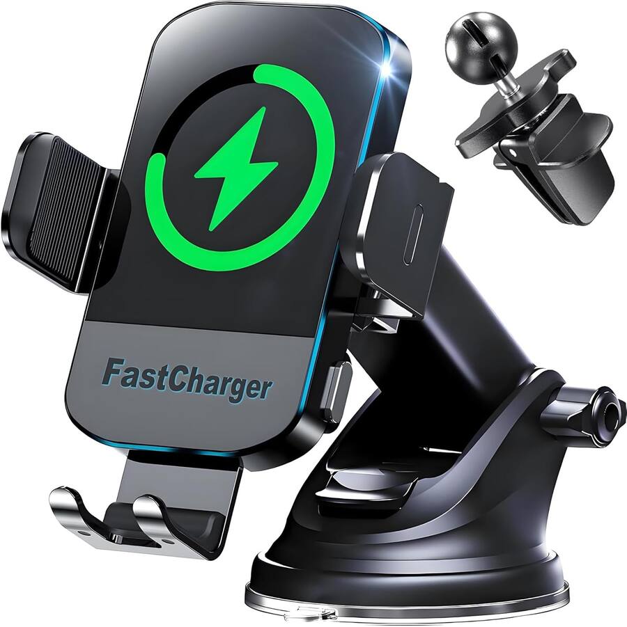 Core Tech Wireless Car Charger Mount – Automatic Clamping 15W Fast Wireless Charging, Adjustable Car Phone Holder for iP