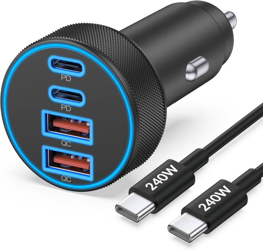 Core Tech 90W 4-Port USB-C Fast Car Charger with 240W Cable Multi-Device Adapter for iPhone 17/16/15 Android