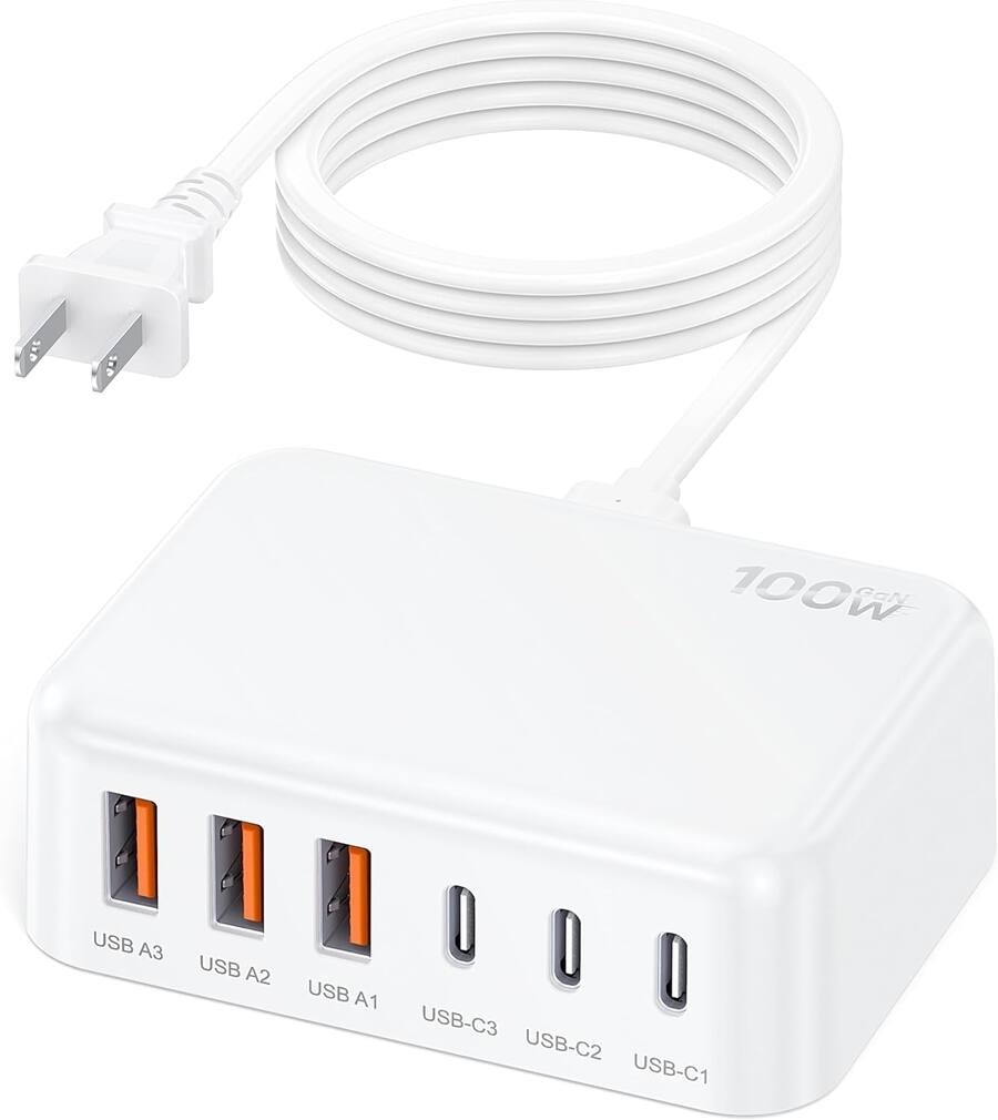 Core Tech - 100W GaN 6-Port USB-C Charging Station with PD Fast Charging and 5 ft Extension Cord - Black