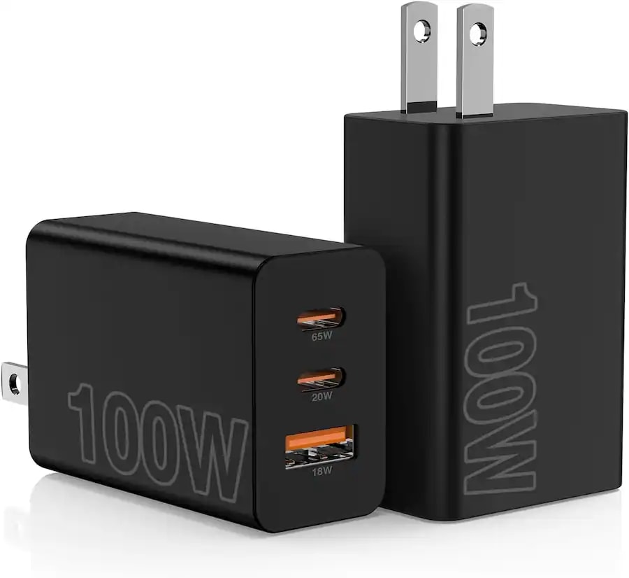 2-Pack 100W USB-C Wall Charger, 3-Port Fast Charging Adapter for Laptops, Smartphones & Tablets - Black