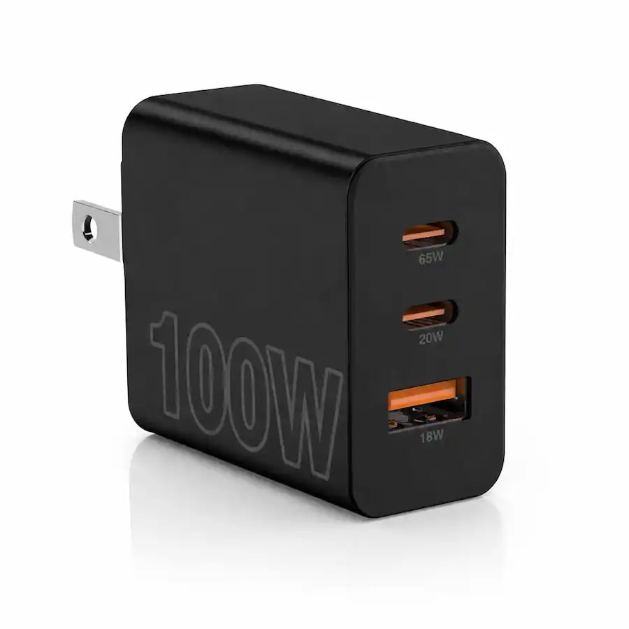 100W USB-C Wall Charger, 3-Port Fast Charging Adapter for Laptops, Smartphones & Tablets - Black