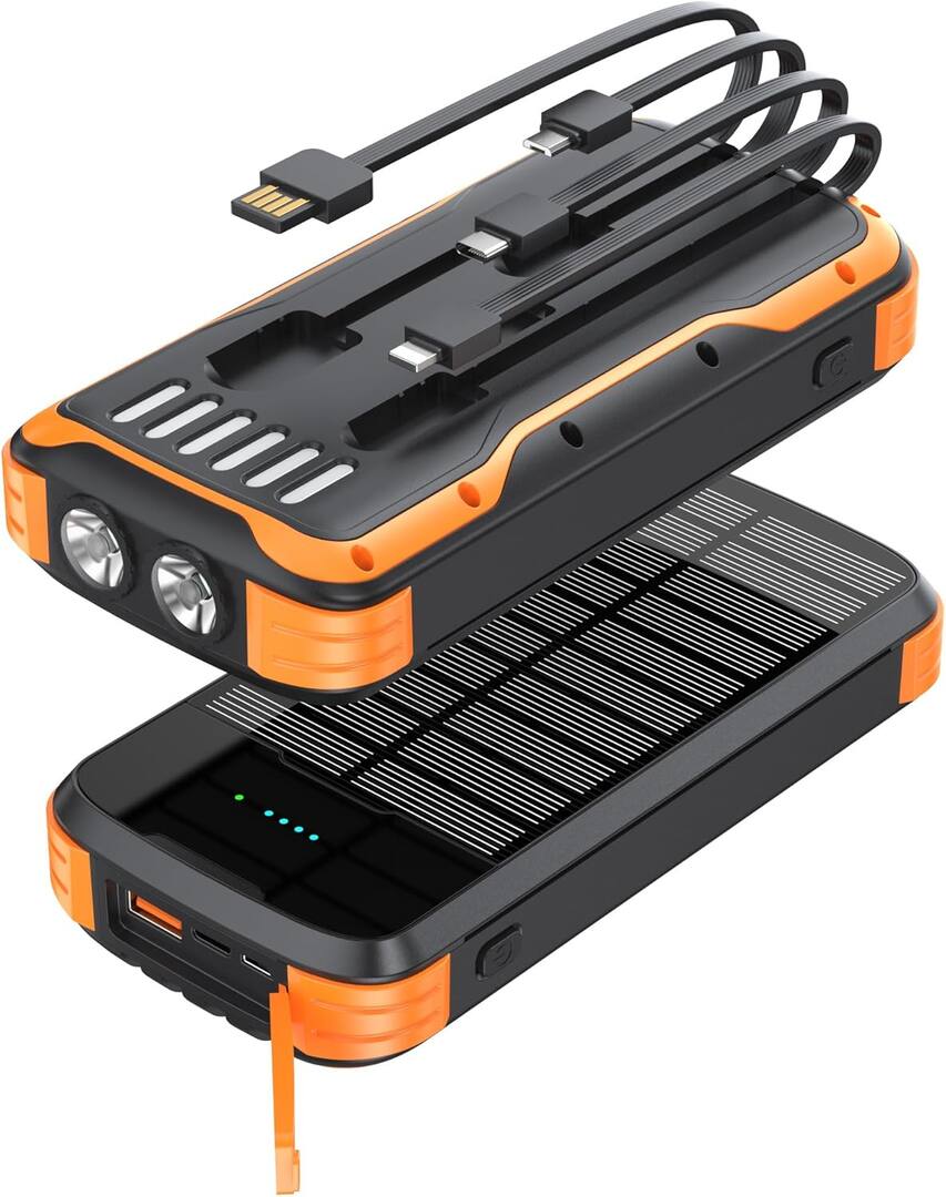 40000mAh Solar Power Bank with 20W PD Fast Charging, Built-in Cables & Flashlight - Black