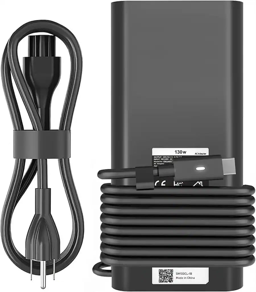 130W USB-C Laptop Charger for Dell XPS 15/17, Precision & Latitude Series with Power Cord - Black
