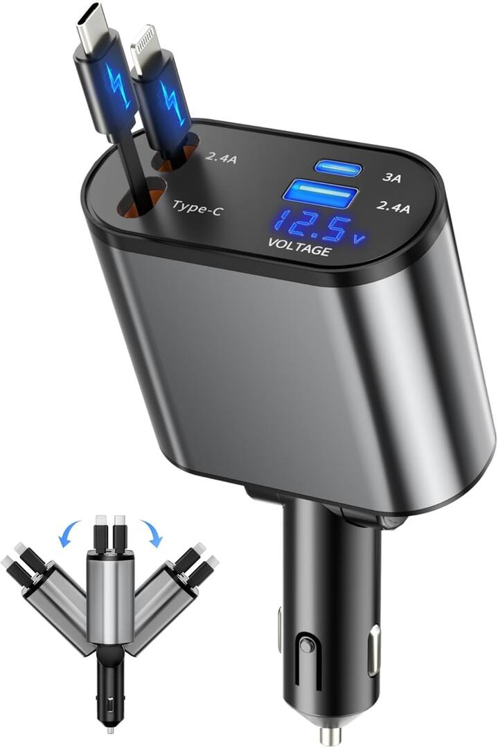4-in-1 Retractable Car Charger – Fast Charging USB-C & USB-A Car Adapter, Multi-Device Charger for iPhone, Samsung Galax