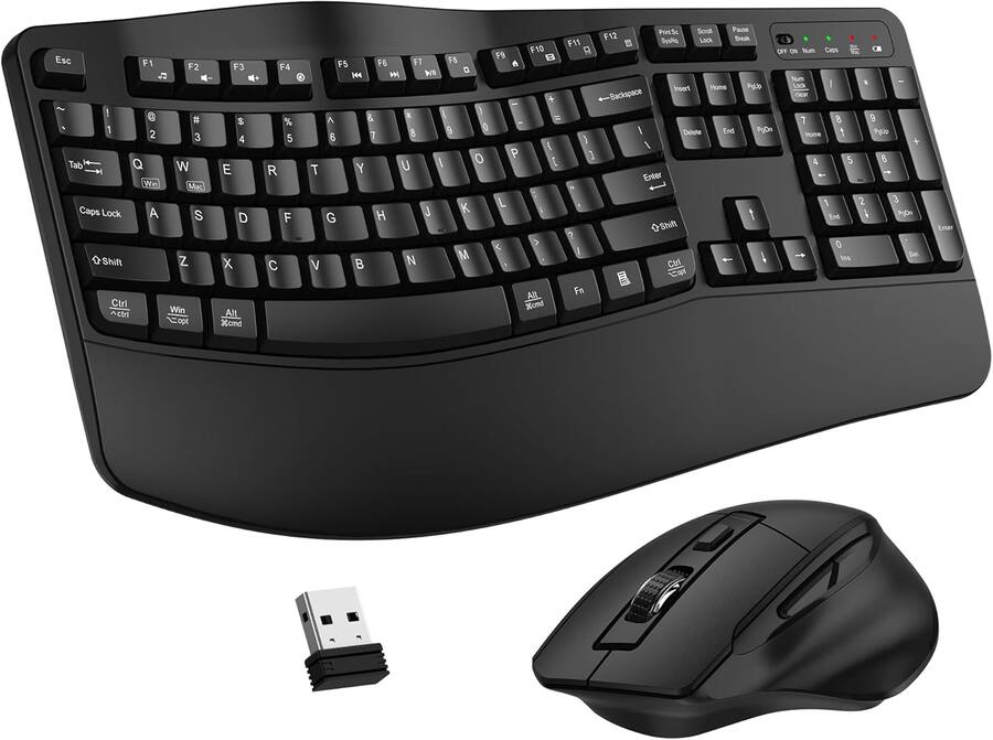 Wireless Keyboard and Mouse Combo – 2.4GHz Full-Size Ergonomic Wave Keyboard with Wrist Rest & Adjustable DPI Mouse, USB