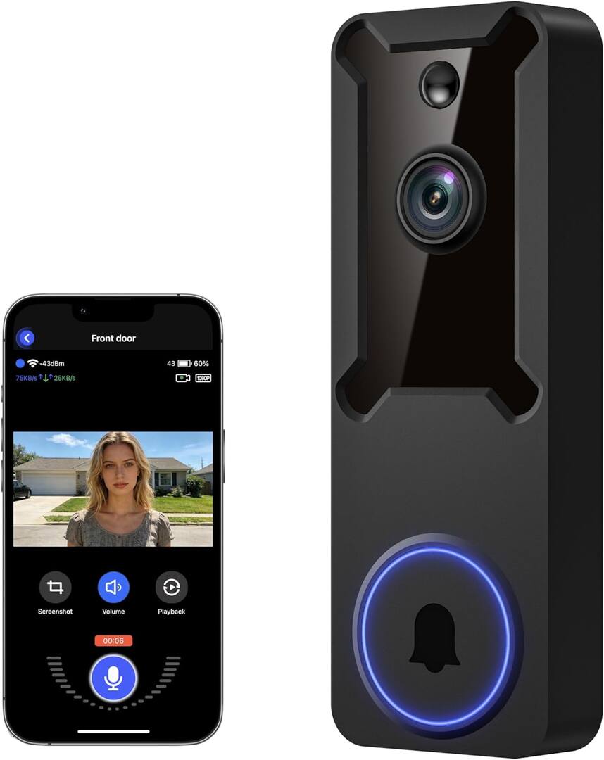 Core Tech - 1080p Smart Wi-Fi Video Doorbell with AI Human Detection, Two-Way Audio, Night Vision & Mobile Alerts - Black