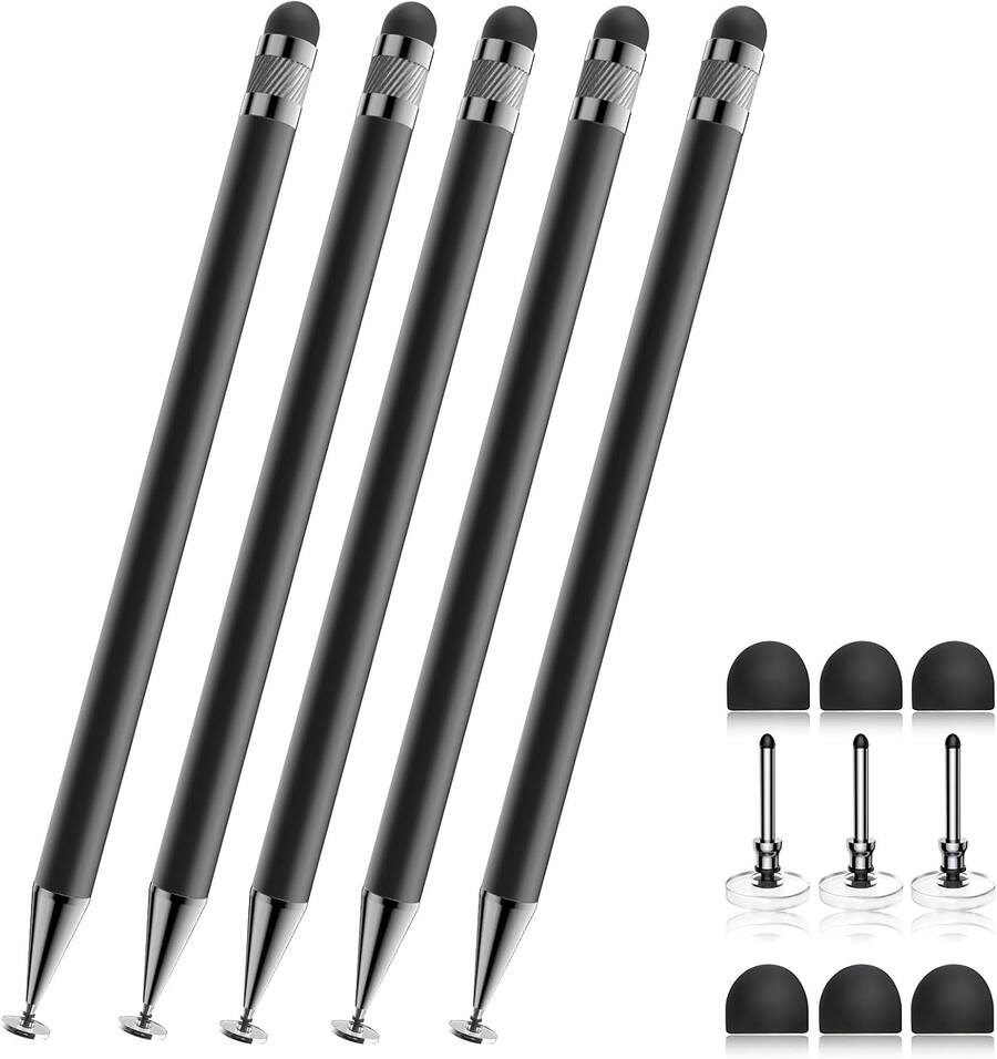 Core Tech - 2-in-1 Stylus Pens (5-Pack) for Touchscreen Devices – High Precision Disc & Rubber Tip Stylus for iPhone, iPad & Android - Black