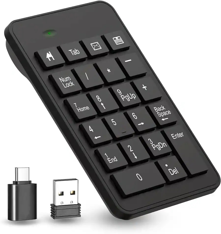 Core Tech - Wireless 23-Key Numeric Keypad with USB & Type-C Adapter – Portable Number Pad for Laptop, PC, Notebook & Surface Pro - Black