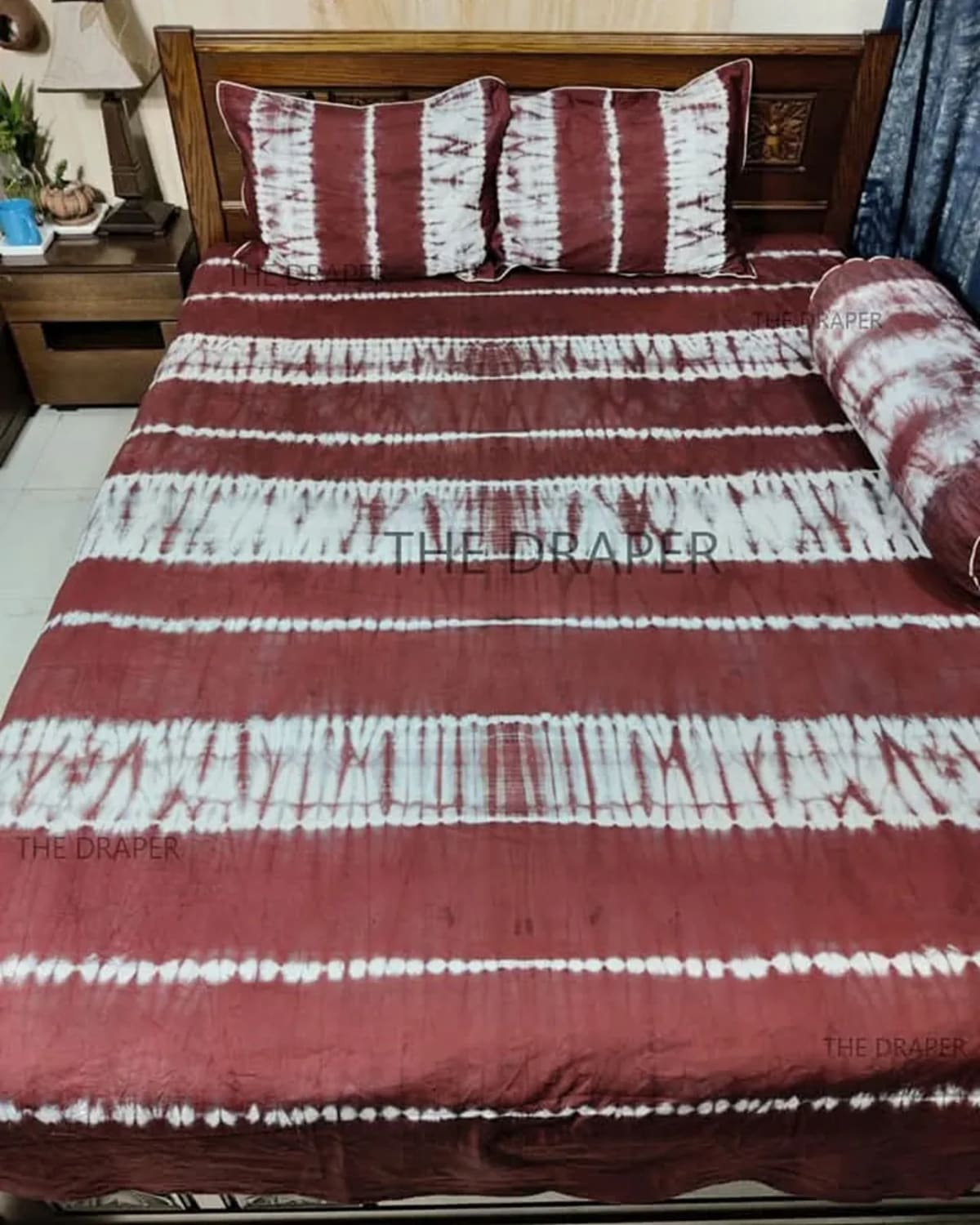 Crimson Wine Stripe Shibori Bed Cover Set