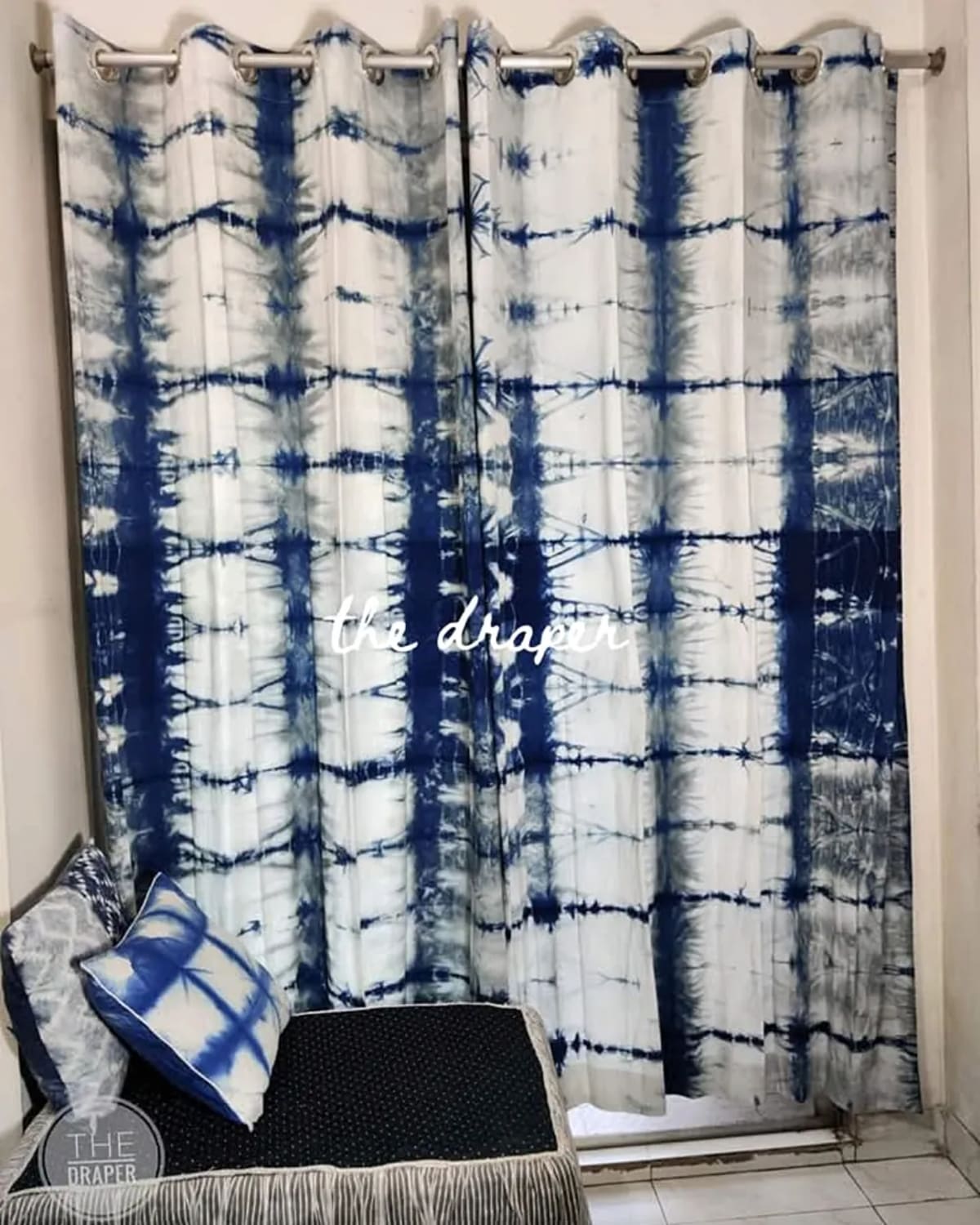 Indigo Windowpane Grid Shibori Curtain