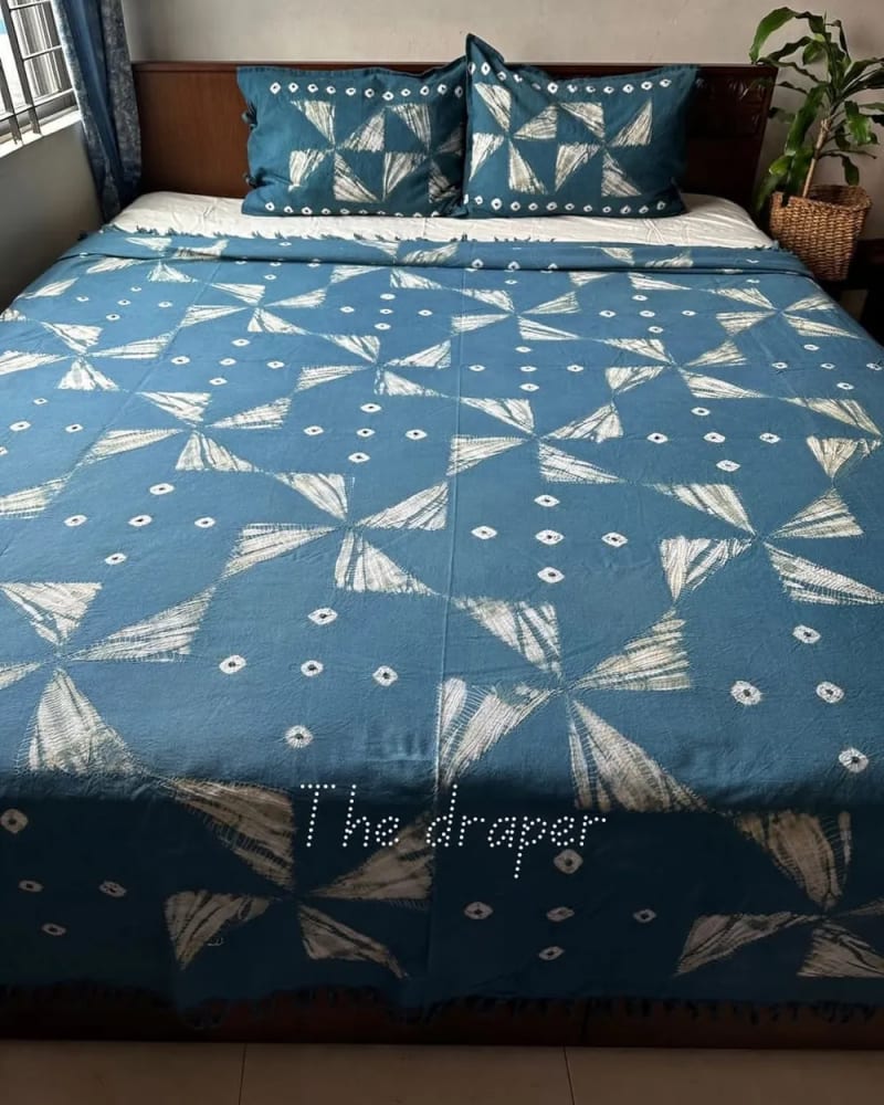 Petrol Blue Pinwheel Shibori Bed Cover Set