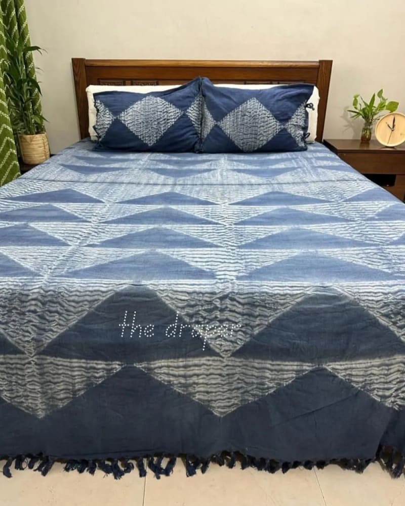 Washed Denim Diamond Shibori Bed Cover Set