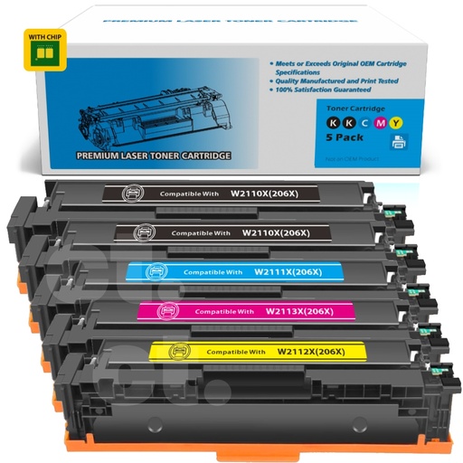 HP W2110X/1/2/3X 206X Compatible B/B/C/M/Y High Yield Toner Cartridge (5 Pack)